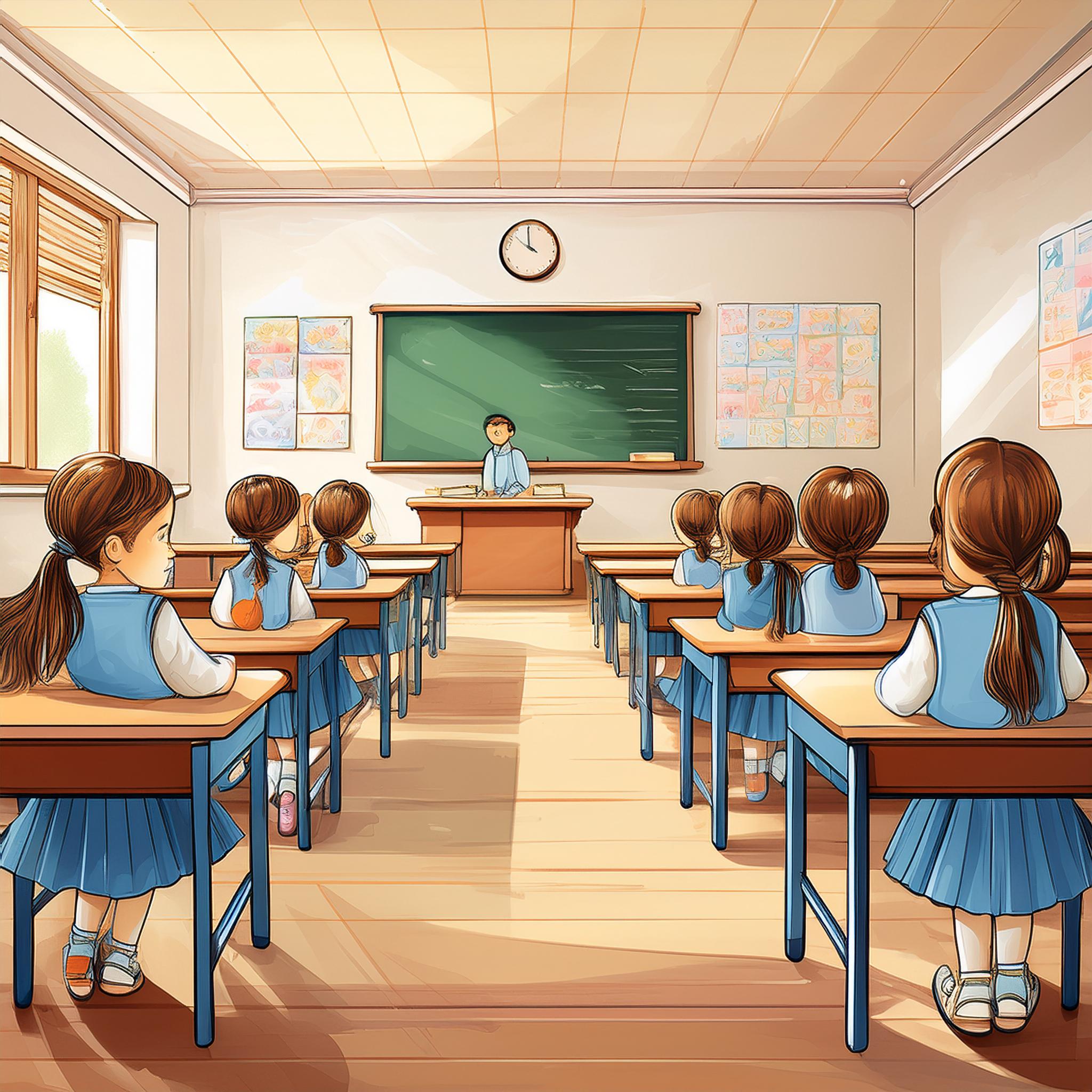 Drawing style_A classroom with rows of desks and a blackboard and a teacher's desk, white wal...jpeg