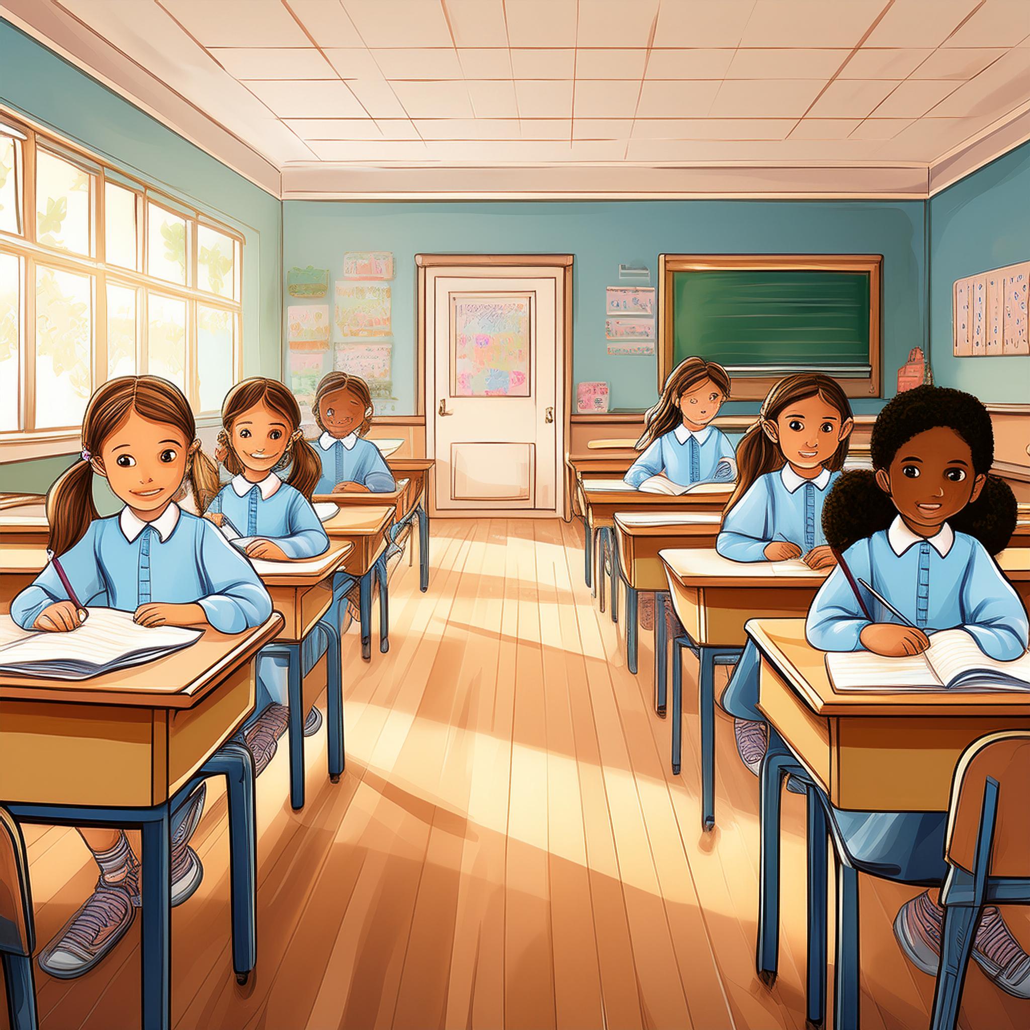Drawing style_A classroom with rows of desks and a blackboard and a teacher's desk, white wal...jpeg