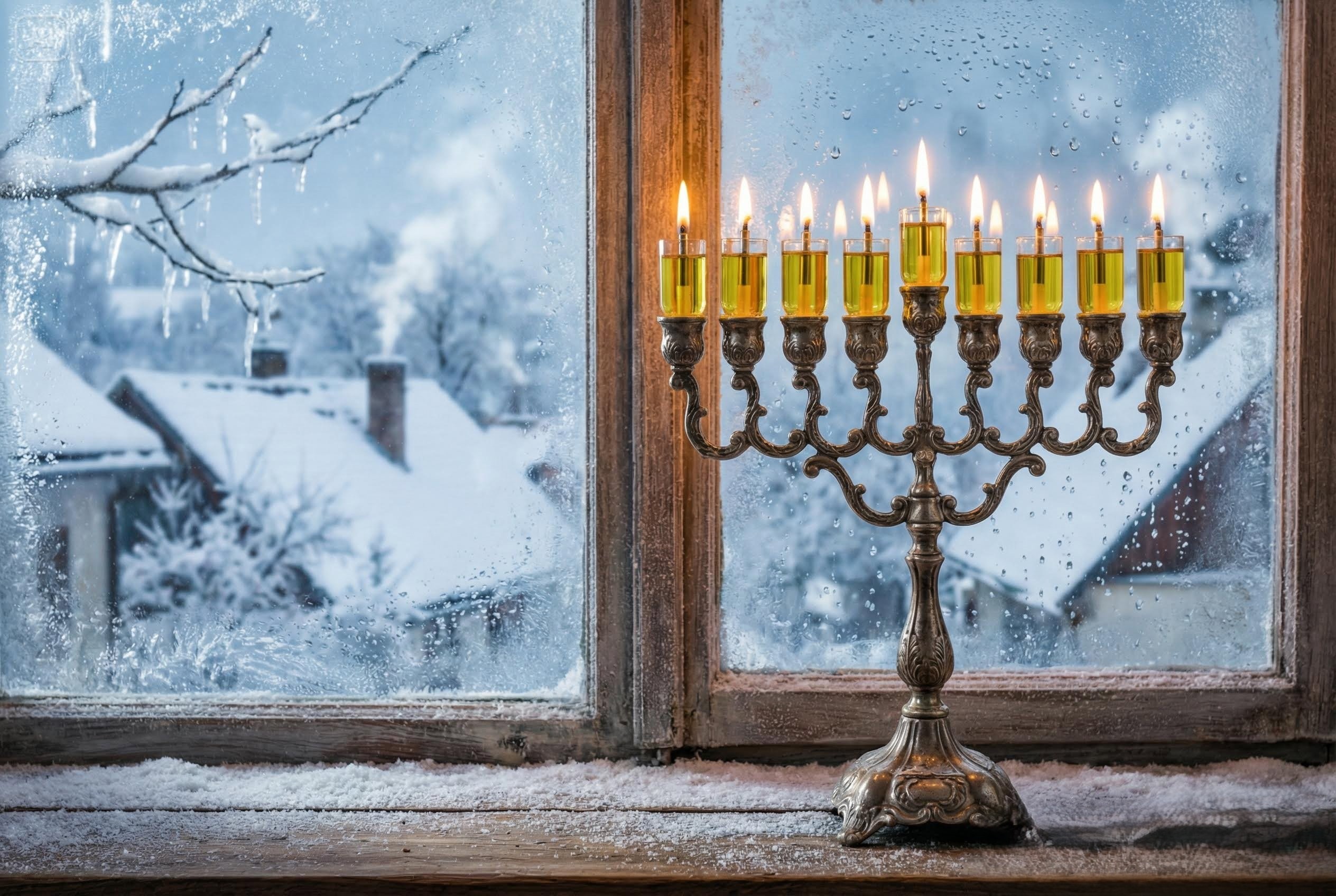 dreamina-2025-11-23-2930-חנוכיה מכסף ונרות שמן זית על אדן חלון חו....jpeg