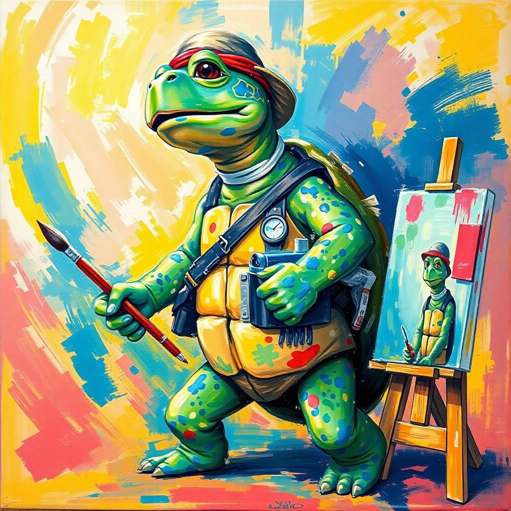 Dynamic acrylic painting of a turtle painter, in motion, vibrant colors, textured brushstrokes...jpg