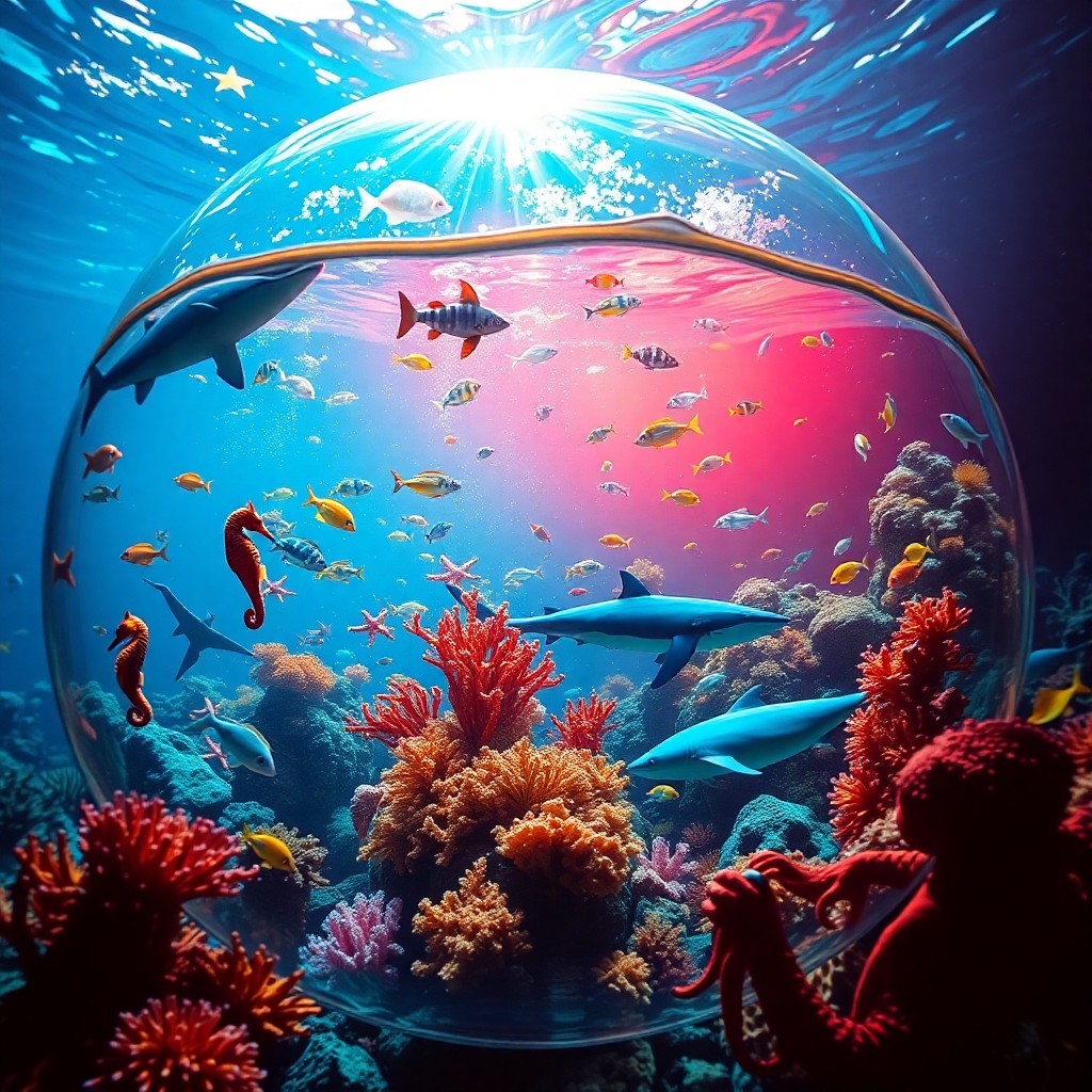 Dynamic underwater scene inside a large, magical water bubble. Chiaroscuro lighting enhances w...jpg