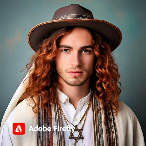 Firefly בחור כבן 21 עם שיער חום-אדמוני ארוך וגלי עם כובע עם חולצה לבנה וטלית עם ארבע חוטים בקצ...jpg