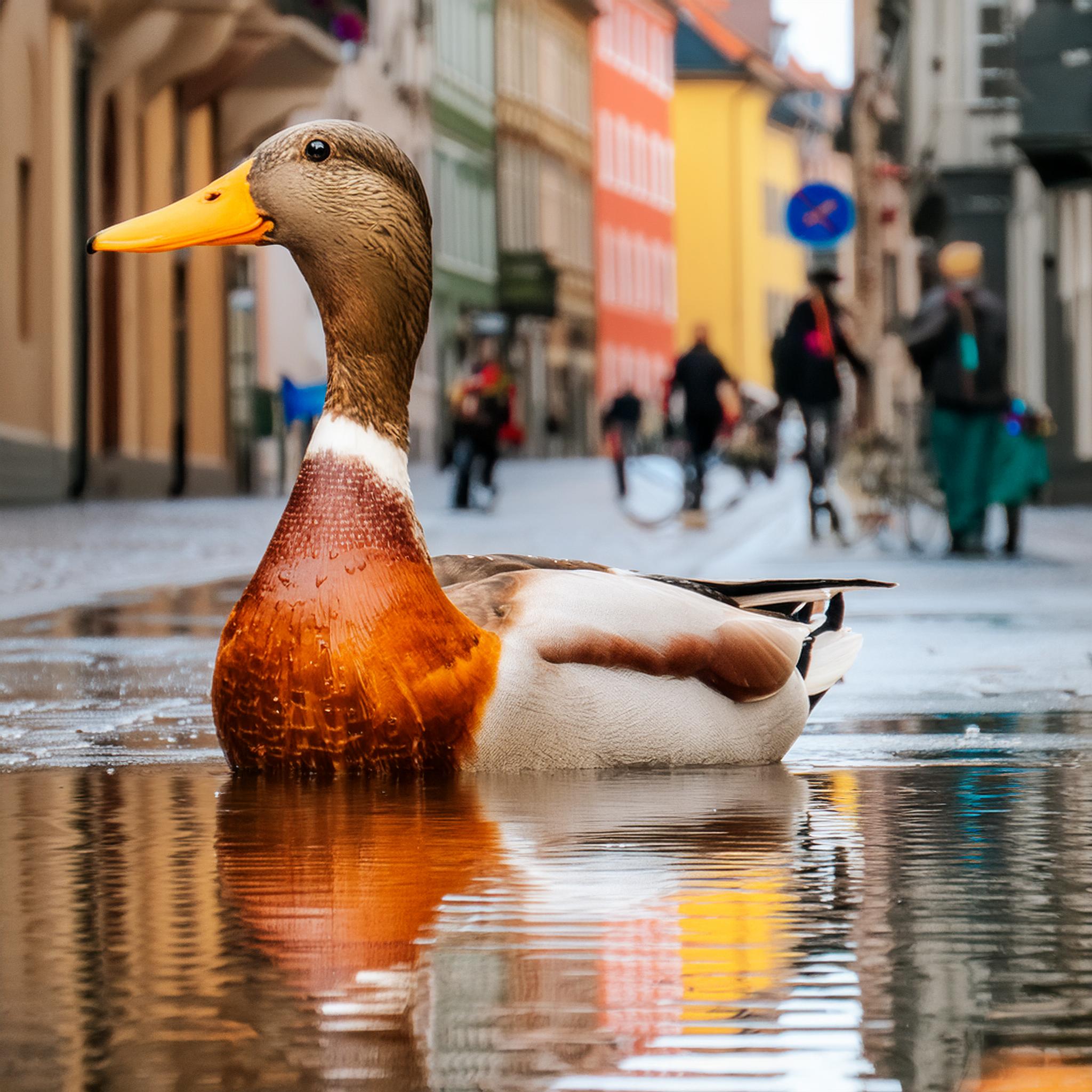 Firefly ברווז אמיתי ענק שצף בשלולית קטנה ברחוב 22936.jpg