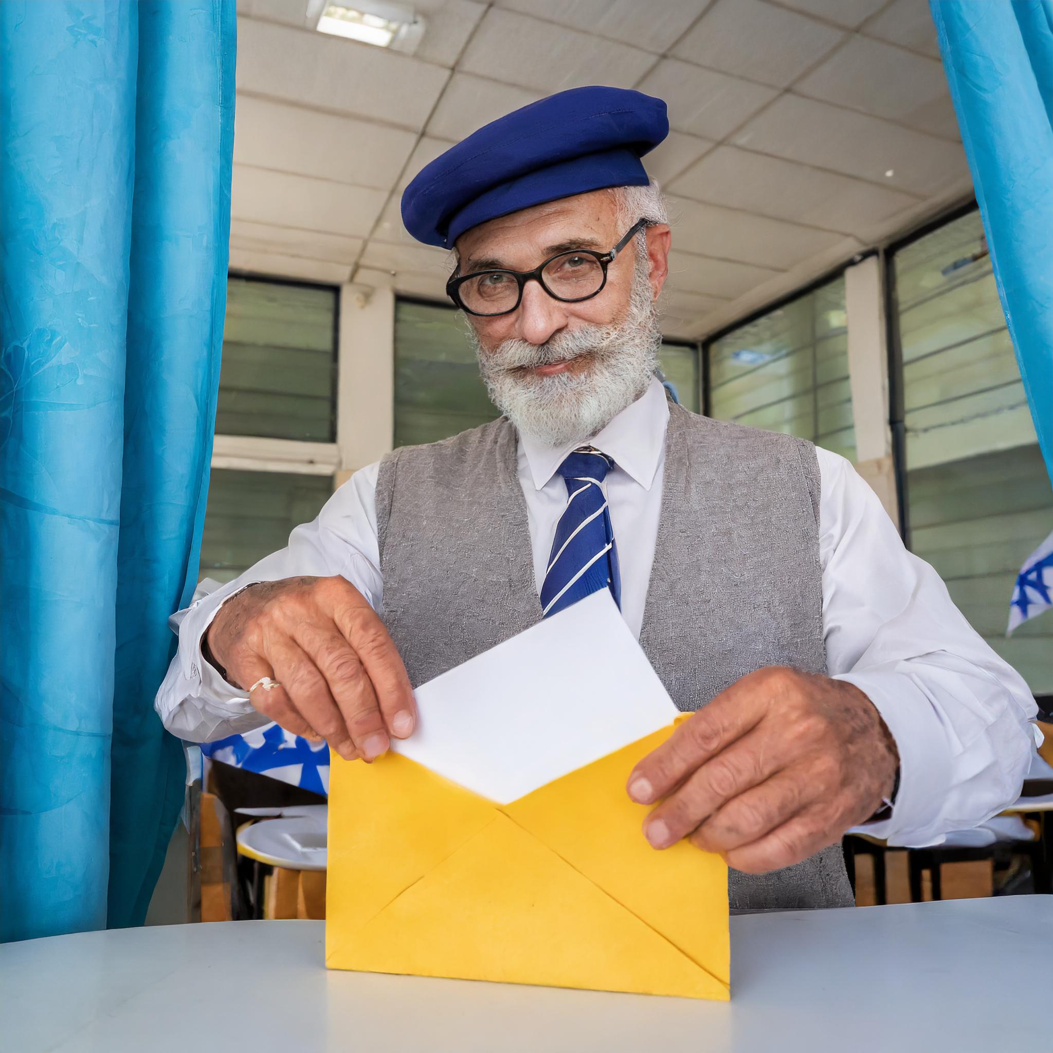 Firefly זקן אולטרה דתי חרדי עם כיפה וזקן לבן בבחירות מכניס פתק לבן למעטפה לבנה ופתק צהוב למעטפ...jpg