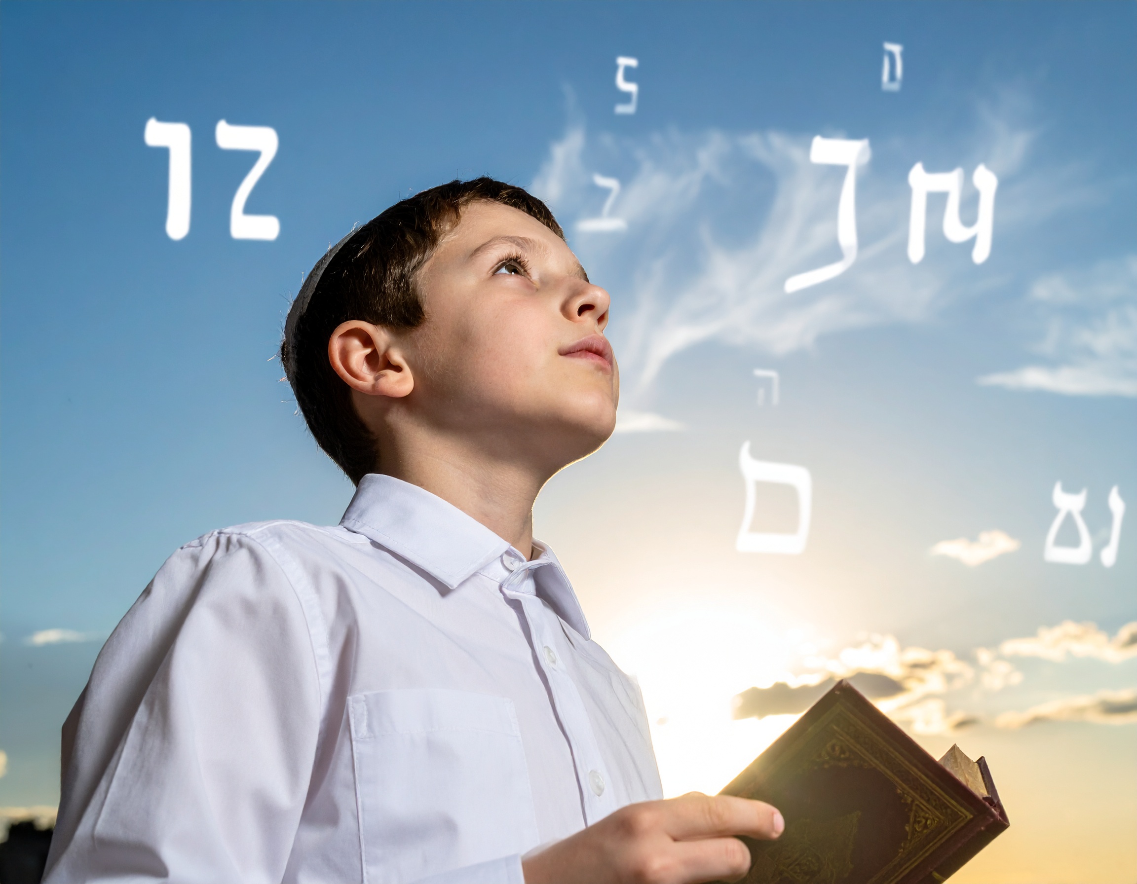 Firefly ילד דתי כבן 7 מתפלל עם סידור בידו מבטו כלפי מעלה ברקע נראת שקיעת השמש ונראה כאילו אותי...jpg