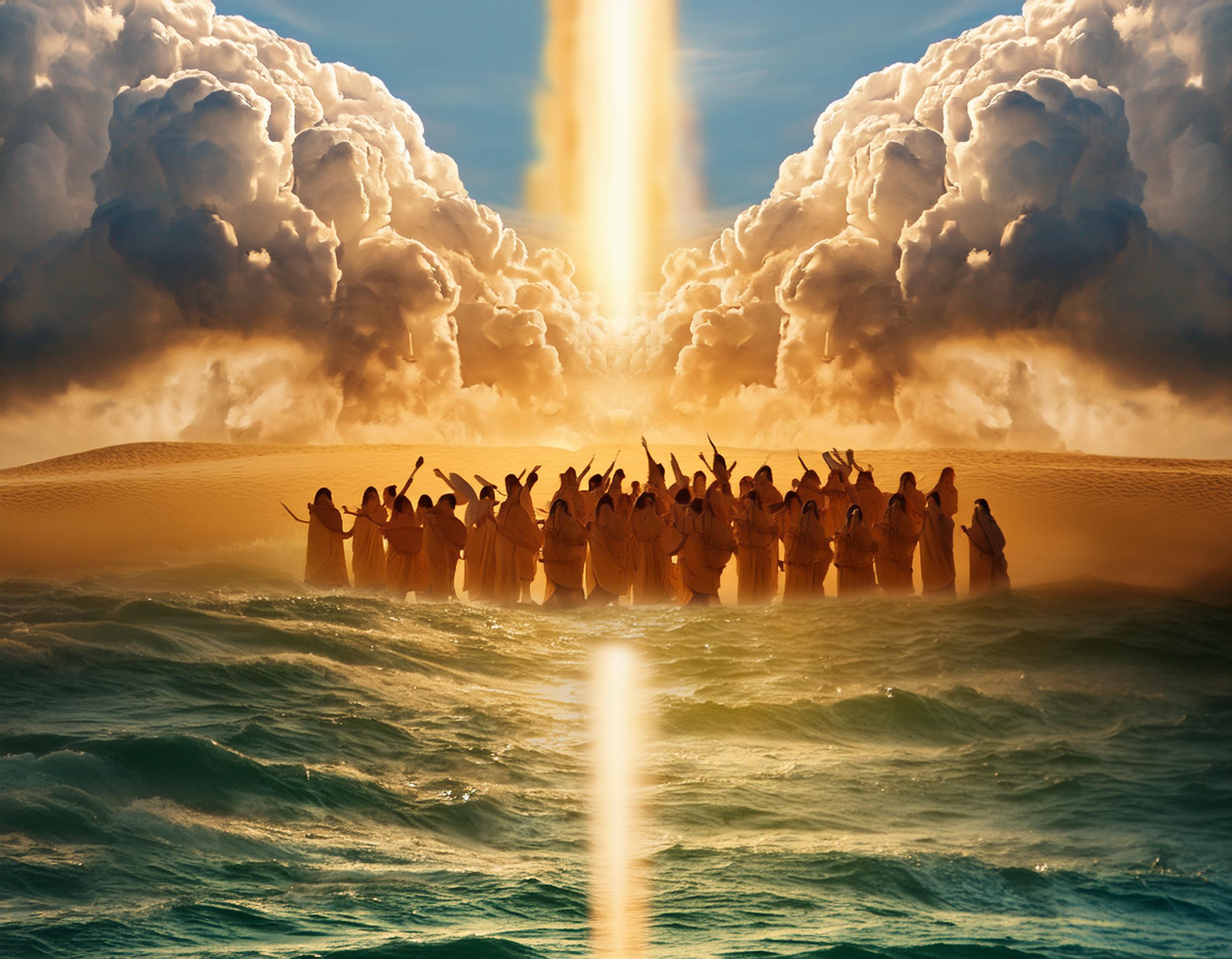 Firefly יציאת בני ישראל ממצרים המון אנשים ענני כבוד עמוד אש וקריעת ים סוף סגנון מציאותי 95063.jpg