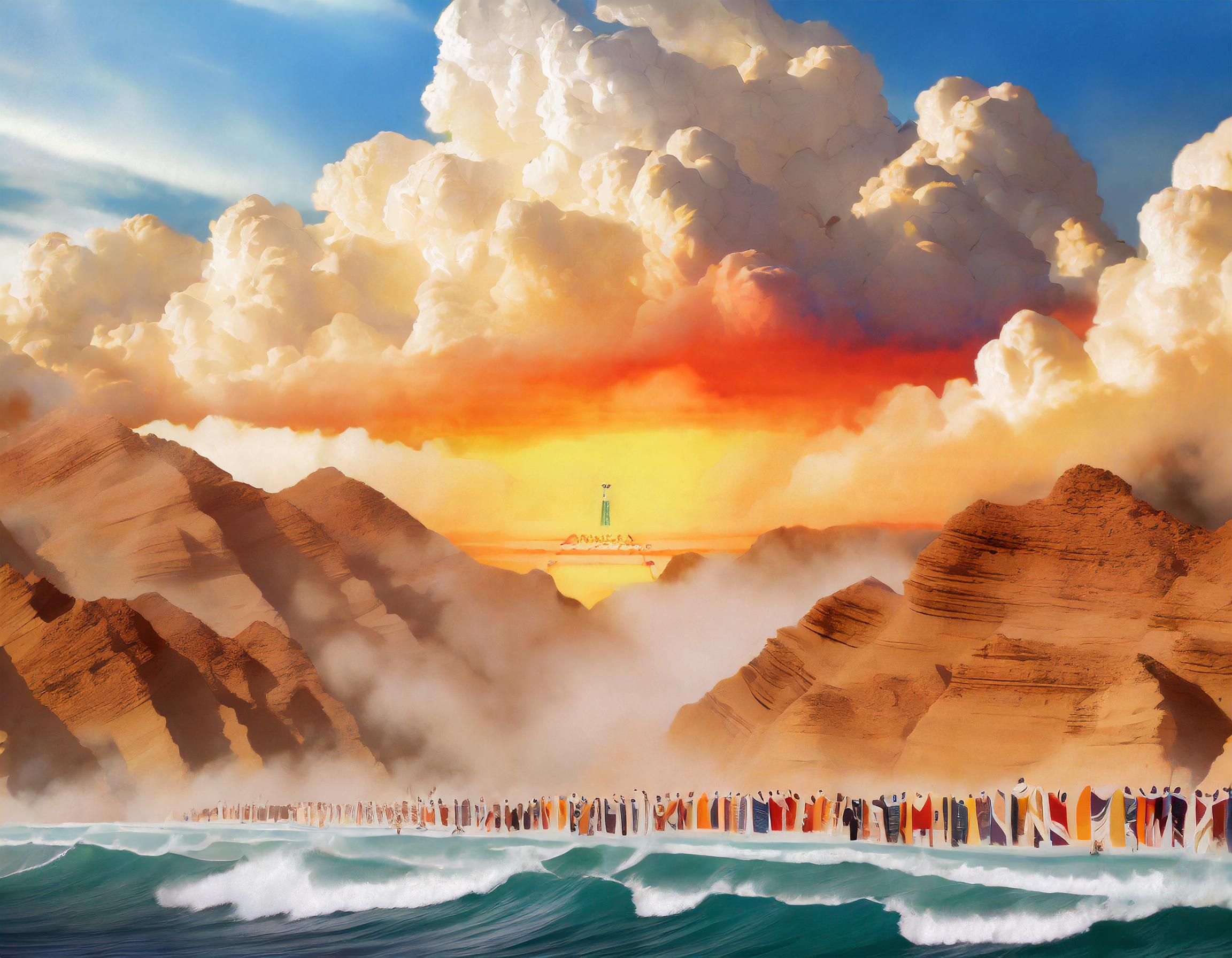 Firefly יציאת בני ישראל ממצרים המון אנשים ענני כבוד עמוד אש וקריעת ים סוף סגנון מציאותי 99342.jpg