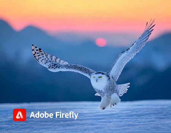 Firefly A white snow owl with yellow eyes flew over the snow in the morning, with white snowy ...jpg