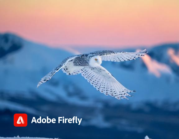 Firefly A white snow owl with yellow eyes flew over the snow in the morning, with white snowy ...jpg
