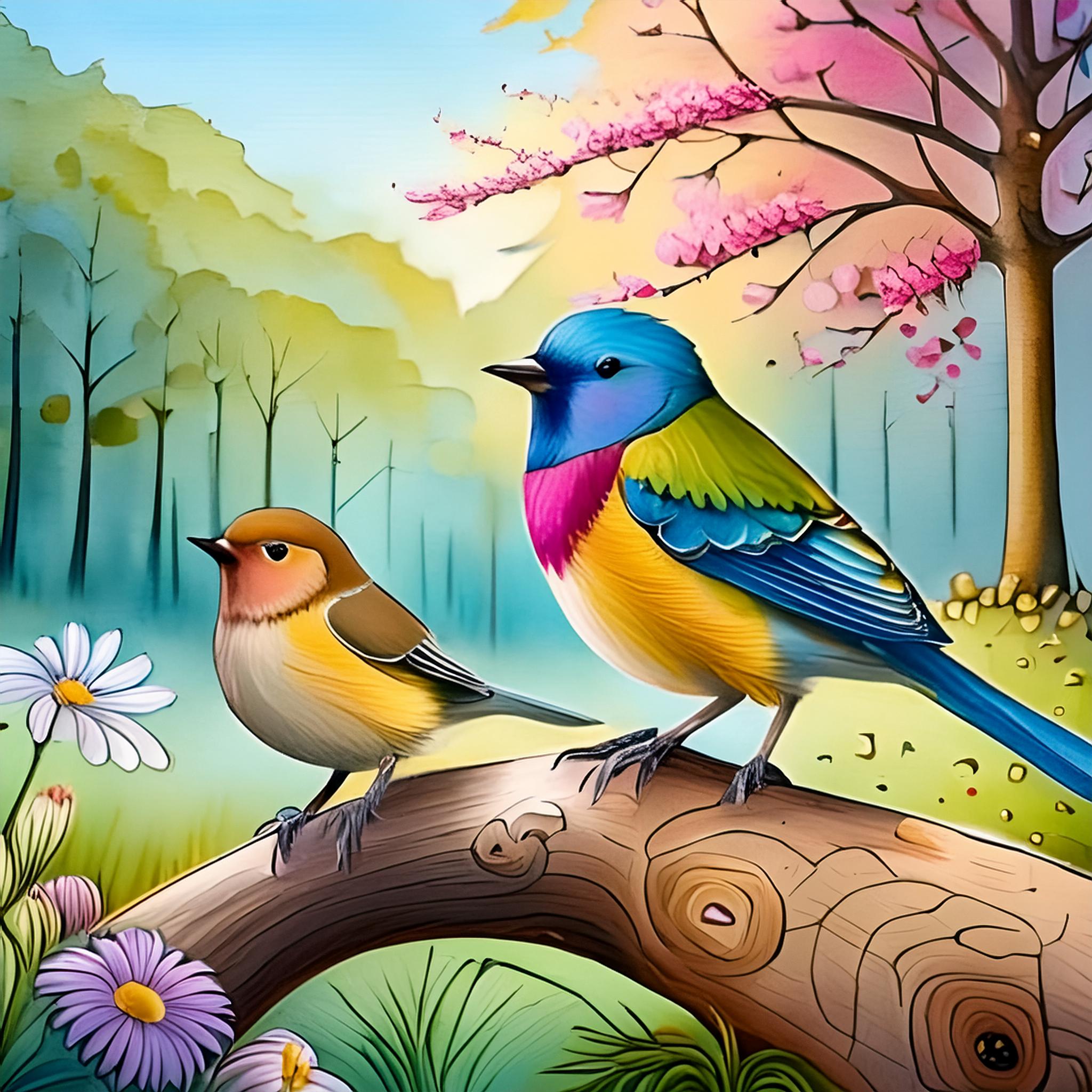 Firefly Beautiful colorful birds stand on a felled tree trunk lying on the ground 41419.jpg