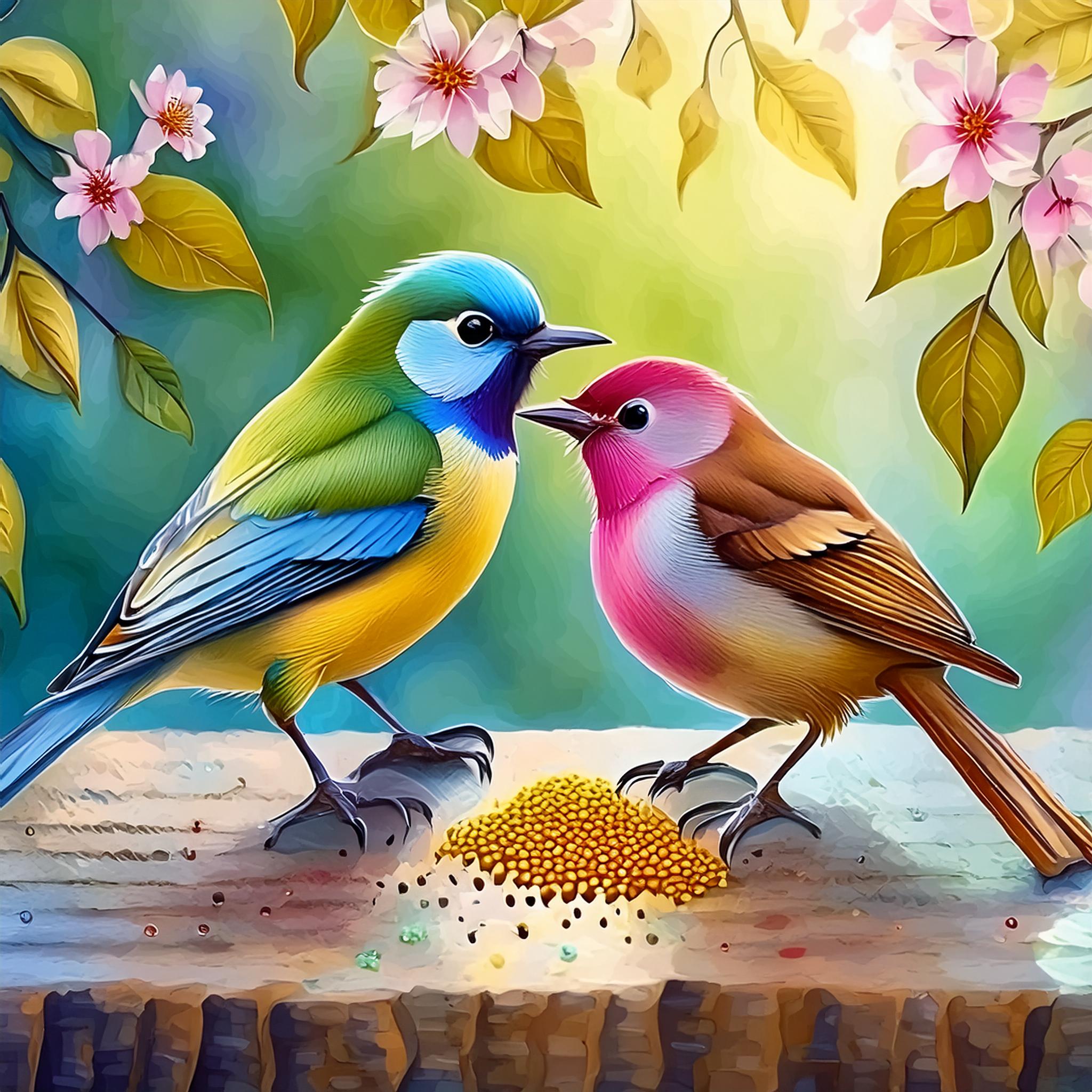 Firefly Colorful beautiful birds eat with their beaks from the ground seeds and fruits beautif...jpg