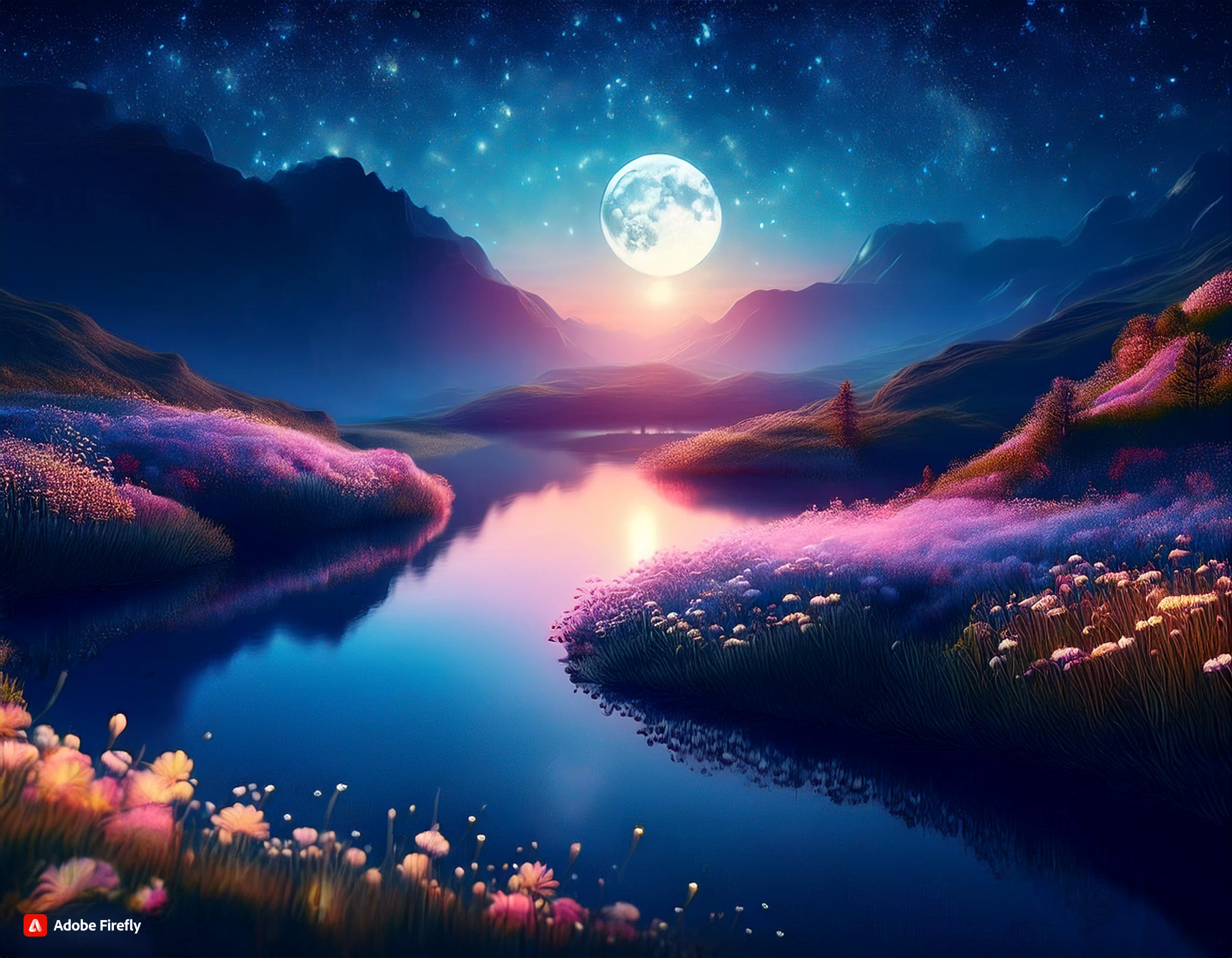 Firefly Scene of a blue starry sky, moonlit night, green trees, firefly's, little colourful gr...jpg