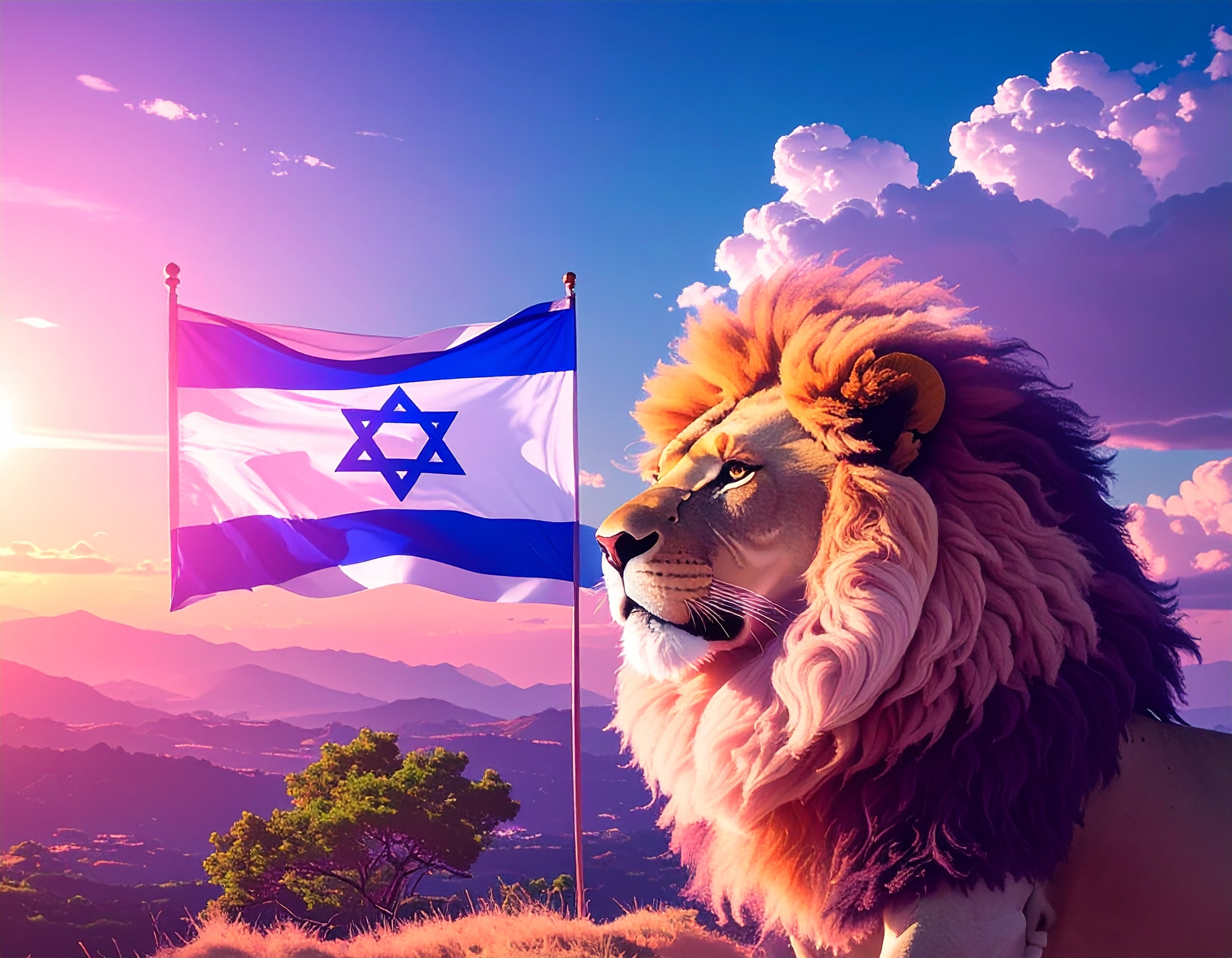 Firefly_ציור של אריה המנופף בדגל ישראל-__אריה מלכותי עומד במרכז, רעמתו הזהובה מתנפנפת קלות בר ...jpg