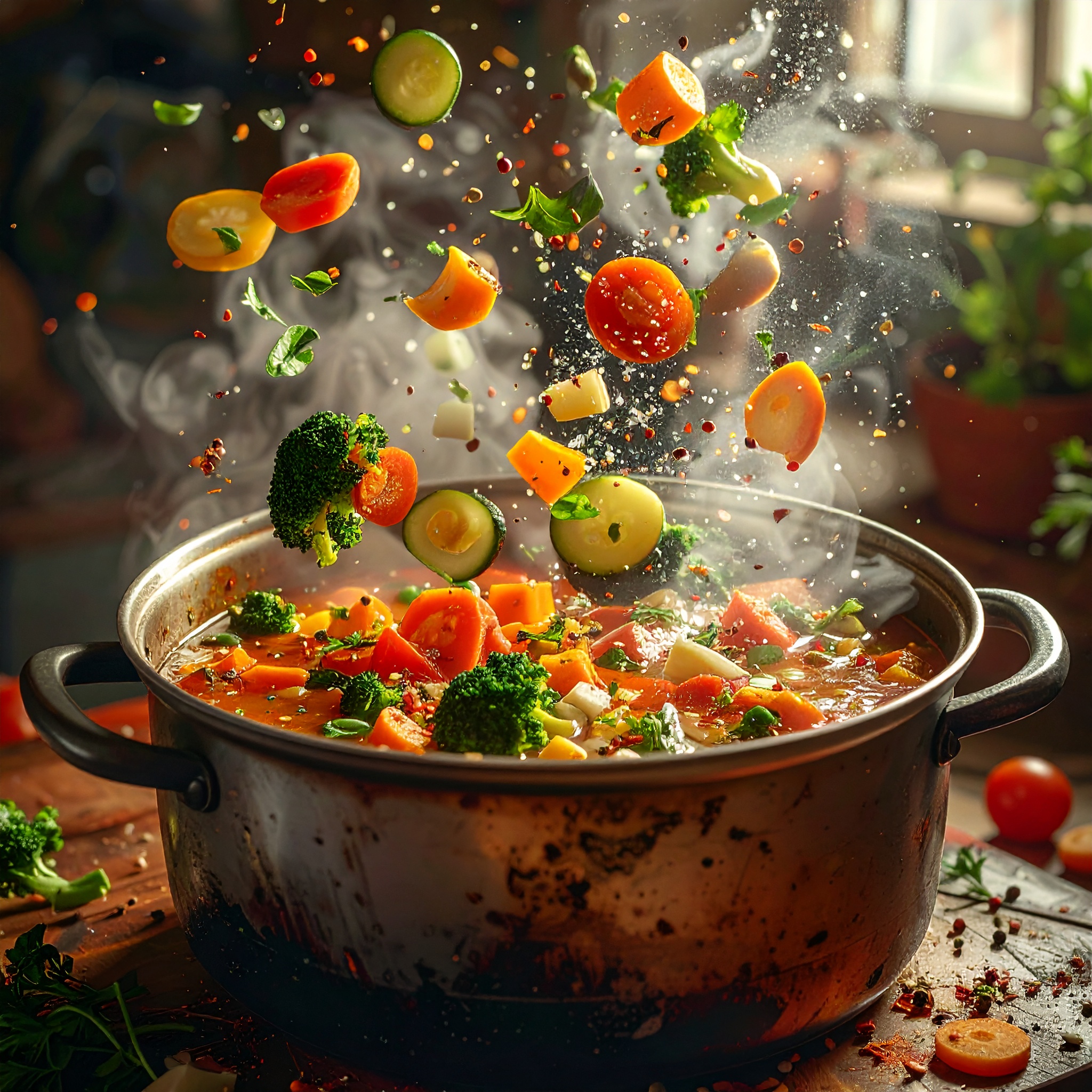 Firefly_תמונה ריאליסטית ממבט שרואים את הירקות והסיר ממבט צד בתקריב מעט של ירקות שנופלים לתוך  ...jpg