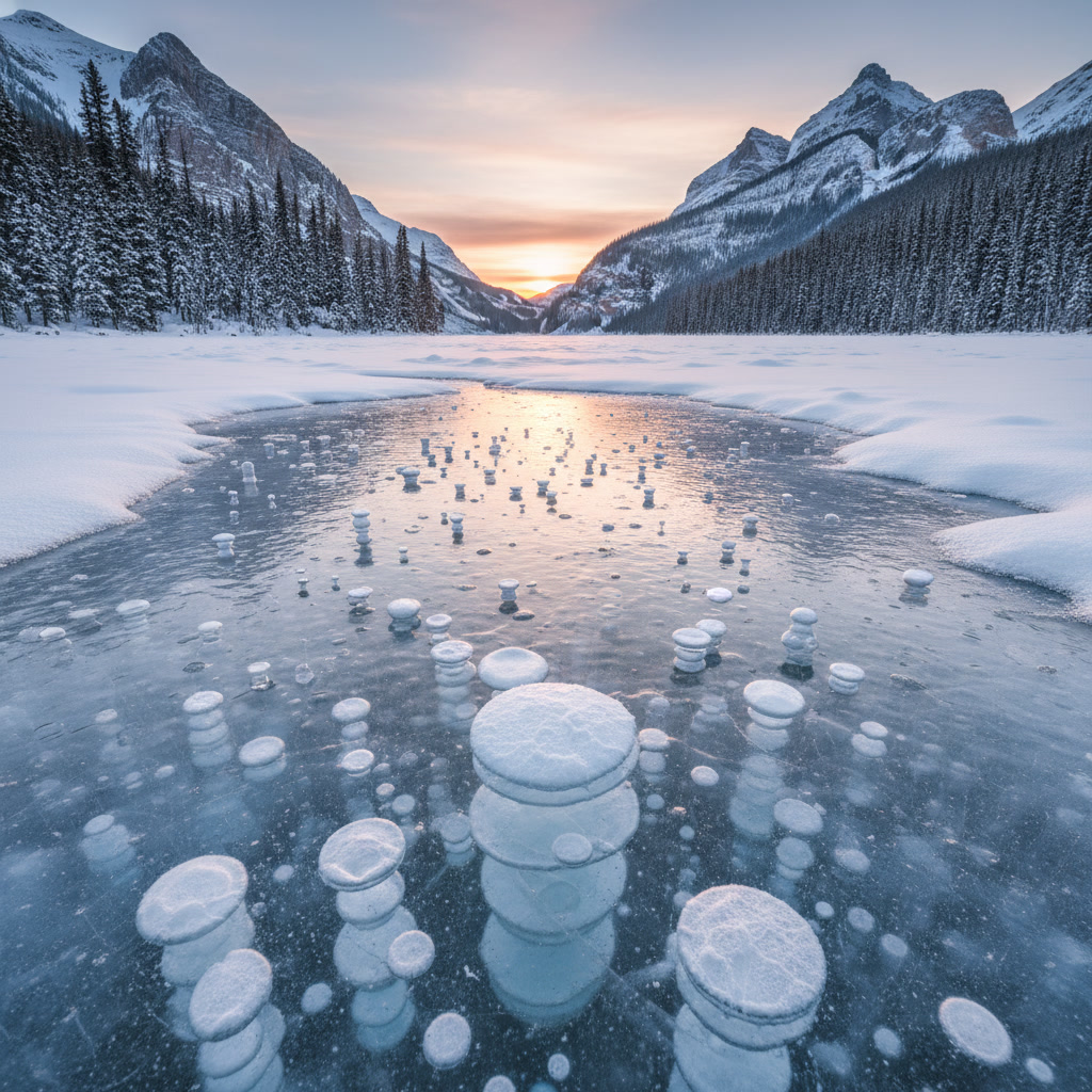 gemini-2.5-flash-image_Frozen_ice_bubbles_in_a_serene_Canadian_lake_surrounded_by_snow-covered...jpg