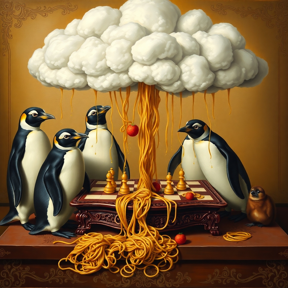 Generate an image of a fluffy cloud raining spaghetti onto a group of penguins playing chess ...jpeg