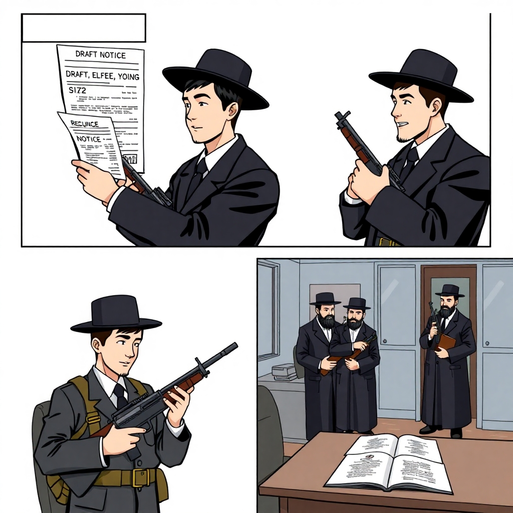 High-resolution stock photo depicting a three-panel comic strip. Panel one shows Orthodox Jewi...jpg