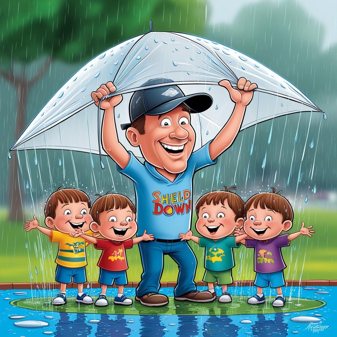 Make me a picture in a humorous style of a rainy day where you see 1 fathers with caps holding...jpg