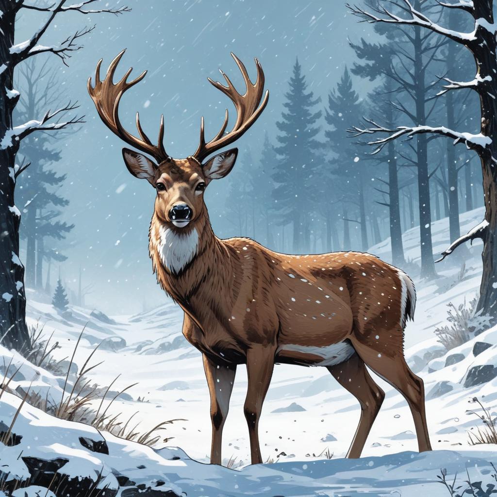 pikaso_texttoimage_Comic-style-Deer-in-winter-and-snow-falling-in-the.jpeg