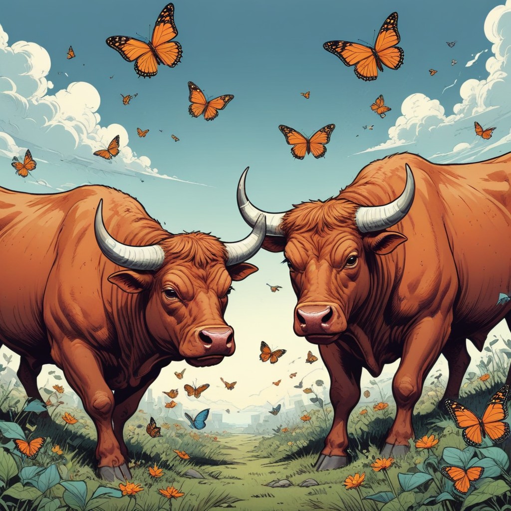 pikaso_texttoimage_Comic-style-Two-bulls-and-butterflies-around-them-.jpeg
