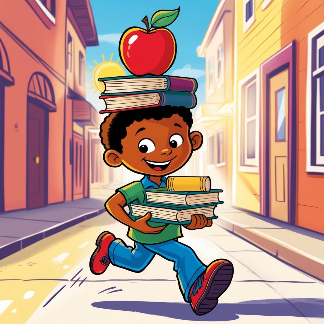 Prepare for me a humorous picture of a 10-year-old boy, who walks down the street in the morni...jpg