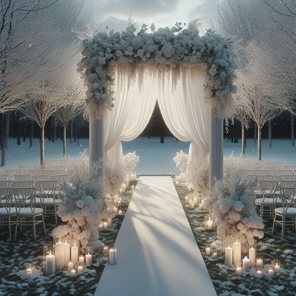 The image depicts an outdoor wedding set at dusk, featuring a beautifully arranged ceremonial...jpeg