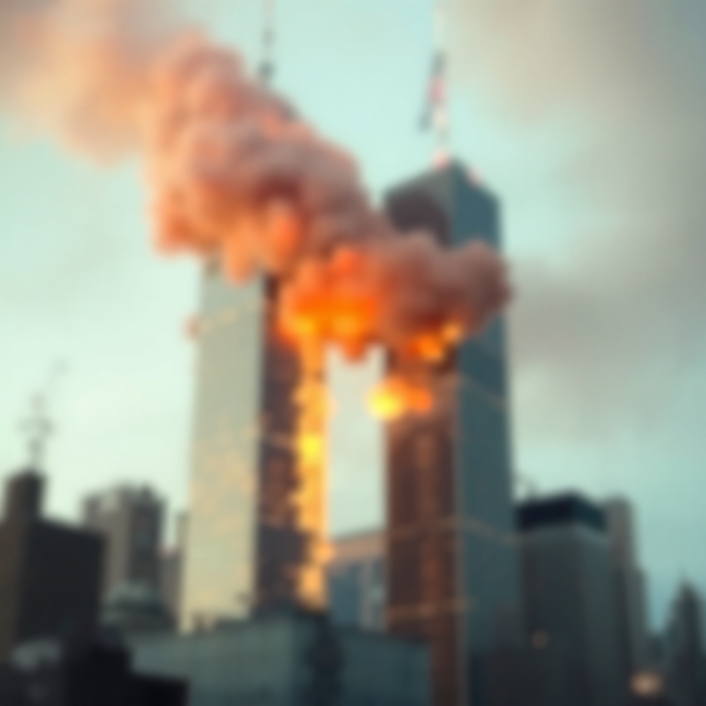 The Twin Towers during impact, captured with a blurred bokeh effect, using warm terracotta and...jpg