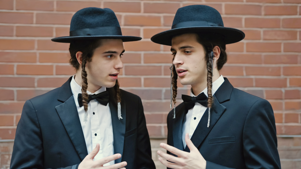 Two Hasidic young men talking to each other.png