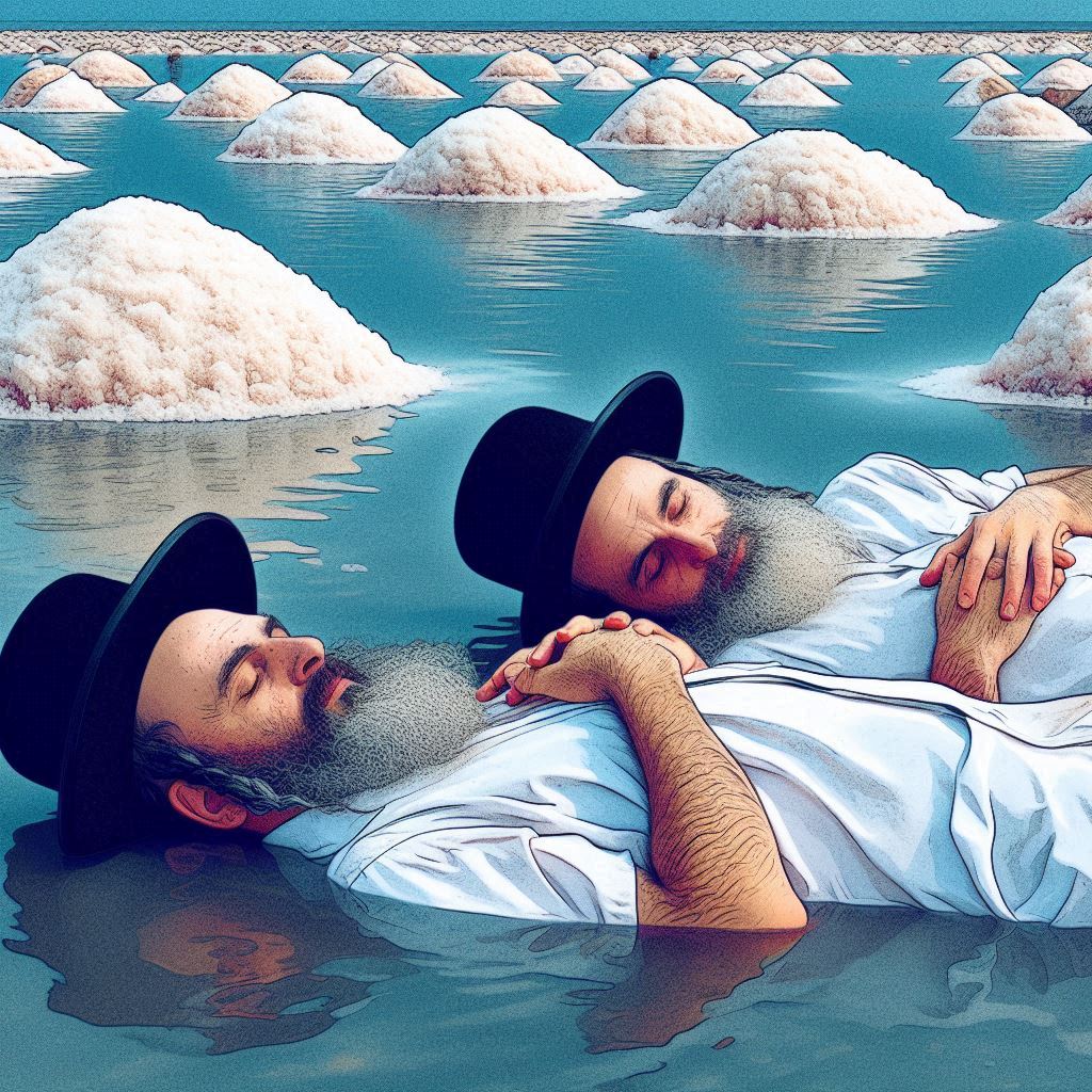 Two Orthodox Jewish men, lying peacefully and peacefully in the sea. Far from them you see la...jpeg