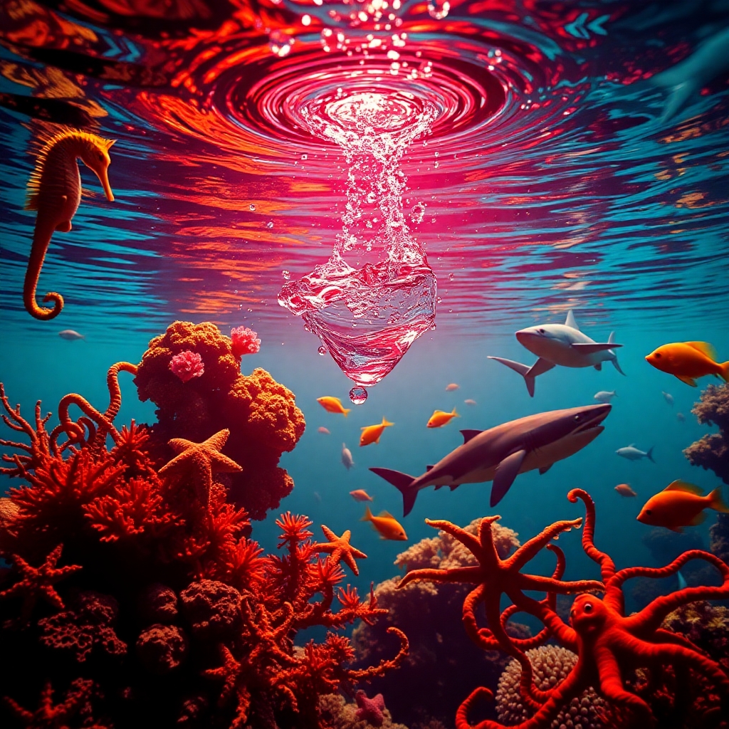 Underwater scene featuring a water droplet's impact.  Warm chiaroscuro lighting uses reds, ora...jpg