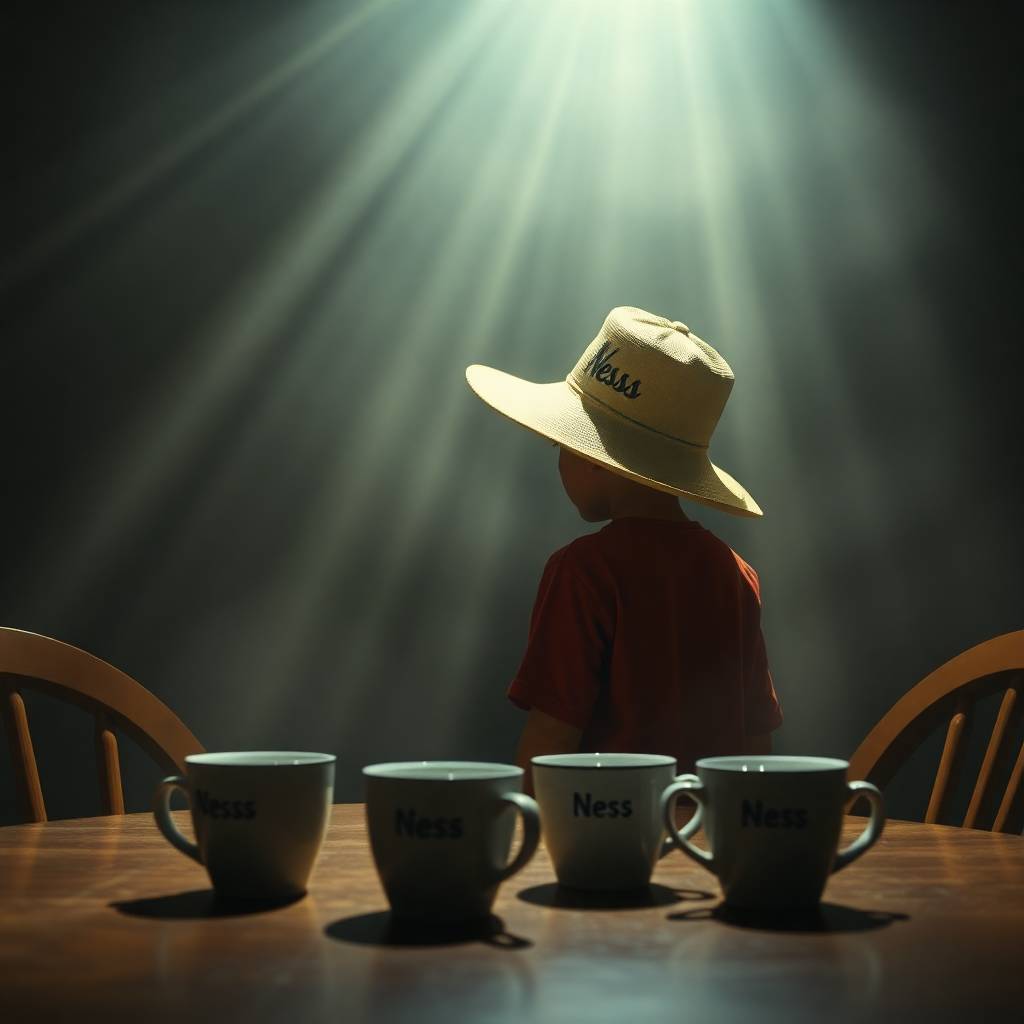 Volumetric lighting, strong moody style, low contrast A boy with a sun hat reading Ness stands...jpg