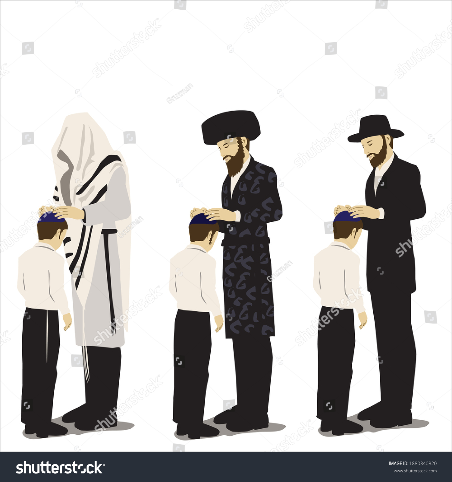 אבא חרדי מברך את הבן שלו ברכת הבנים ישמך אלוקים כאפשריים וכמנשה שטריימל טלית קיטל מגבעת וחליפה...jpg