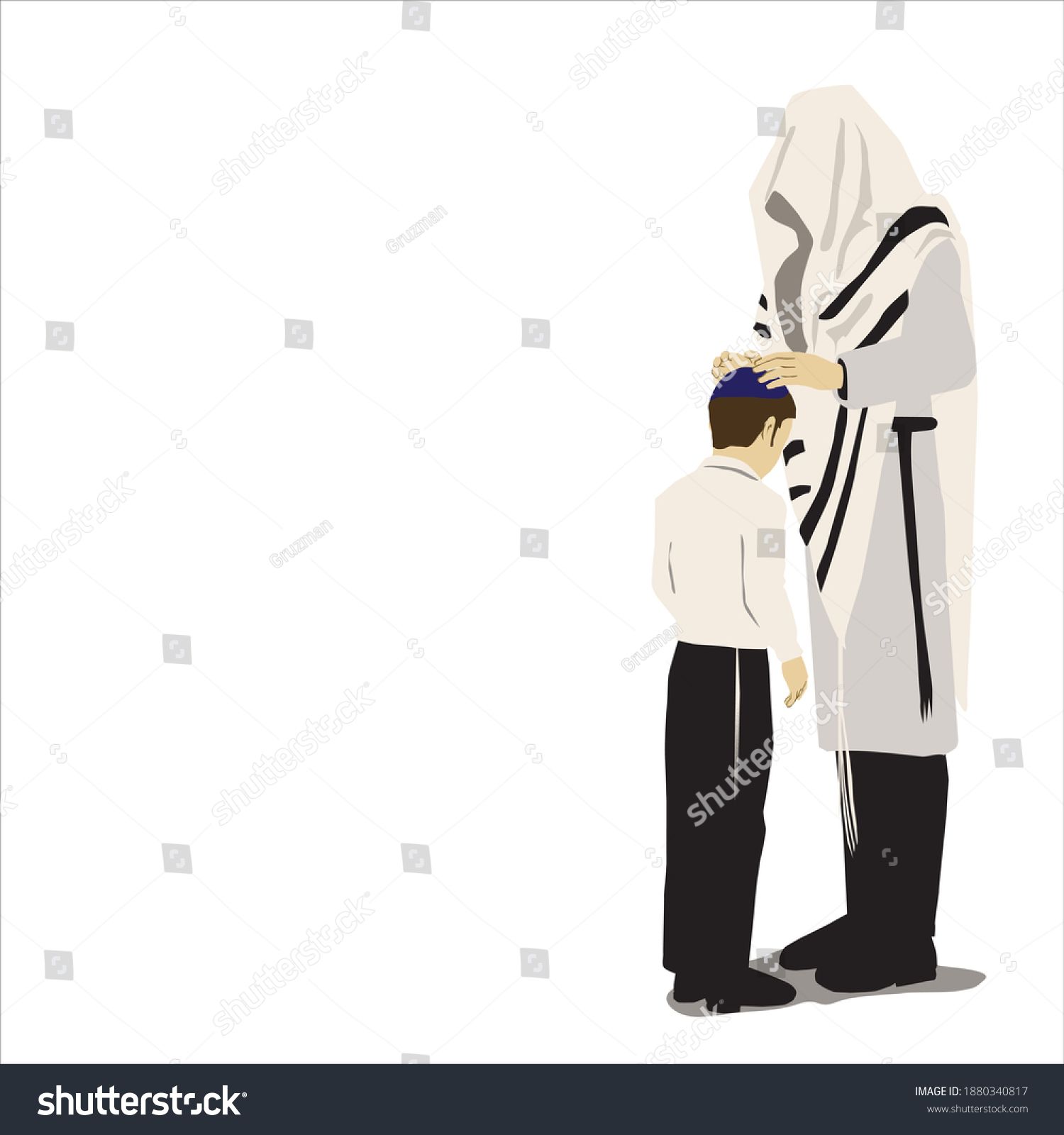 אבא מברך את בנו עטוף בטלית מניח יד ידיים על ראש ציור של ברכת הבנים 1880340817.jpg