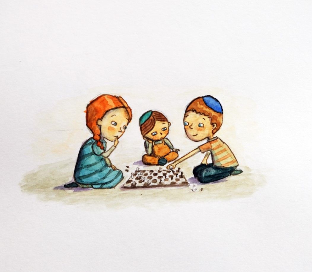 איור דמויות בצבעי מים - שחמט!