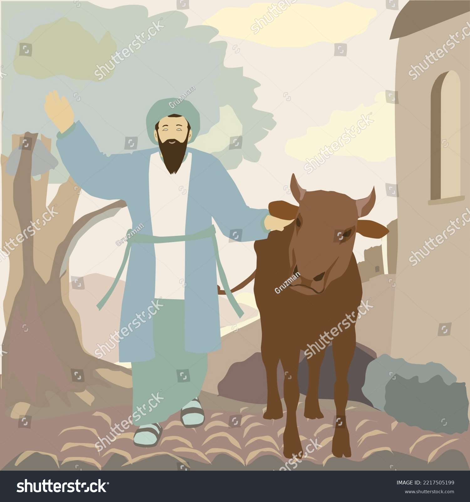 איור וקטורי של עולה לרגל לירושלים מביא קרבן חגיגה יהודי מפעם זמן בית המקדש עם פר שור פרה 2217...jpg