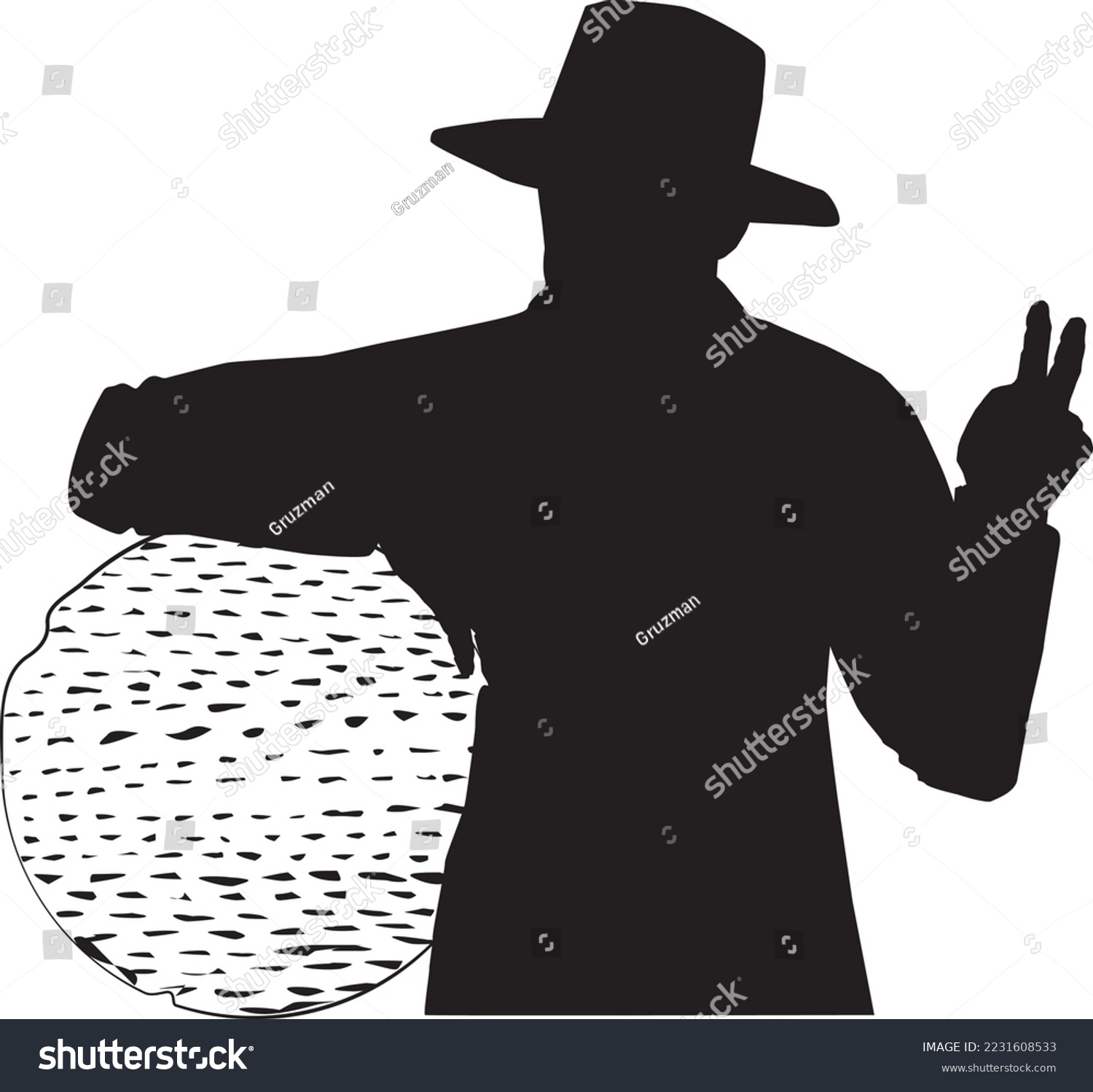 איור פסח שני צללית שחורה וקטורי וקטור וקטורית חסיד אברך יהודי חרדי נשען על מצה עגולה עבודת יד...jpg