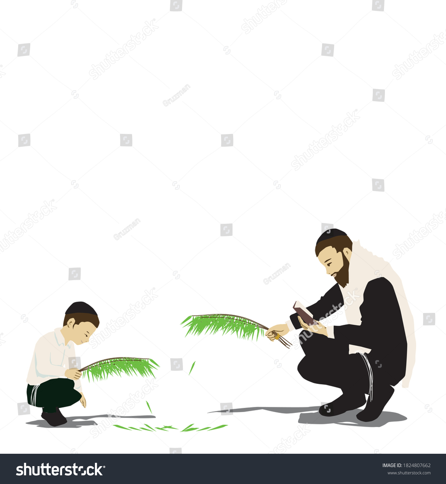 איור ציור וקטורי של אבא ובן חובטים הושענות ערבות ערבה חביטת מנהג סוכות הושענא רבה הושענה וקטור...jpg