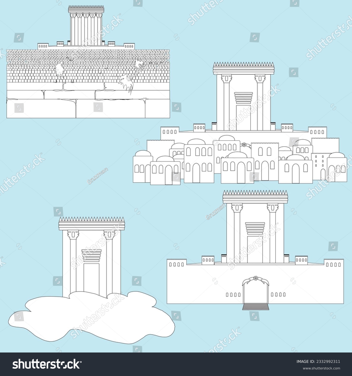 איור ציור שחור לבן קווי מתאר קוי בית המקדש בנין בית המקדש בירושלים ירושלים הכותל המערבי-233299...jpg