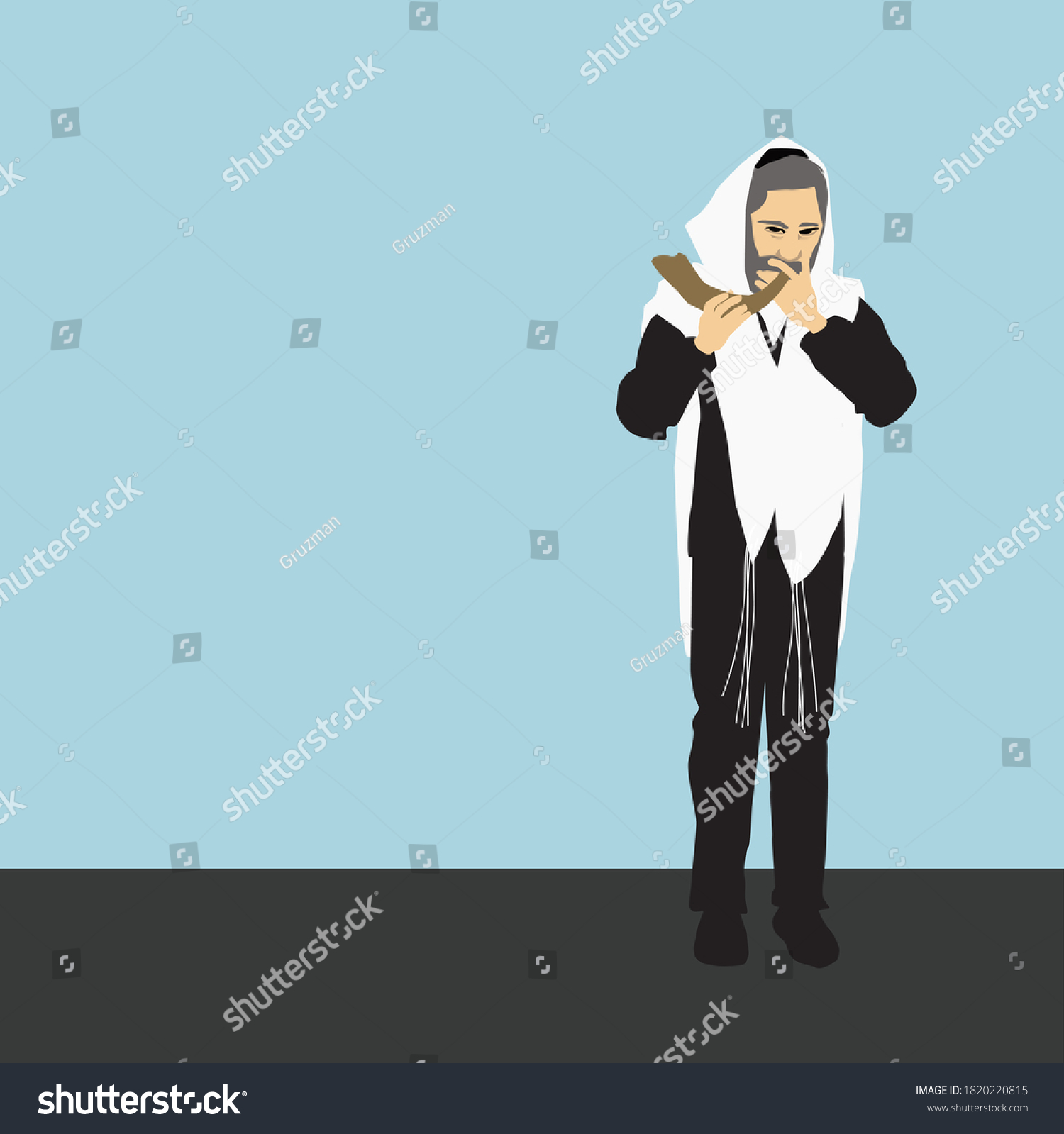 איור קליפ ארט וקטורי של חסיד תוקע בשופר יהודי עם טלית ראש השנה יום כיפור 1820220815.jpg