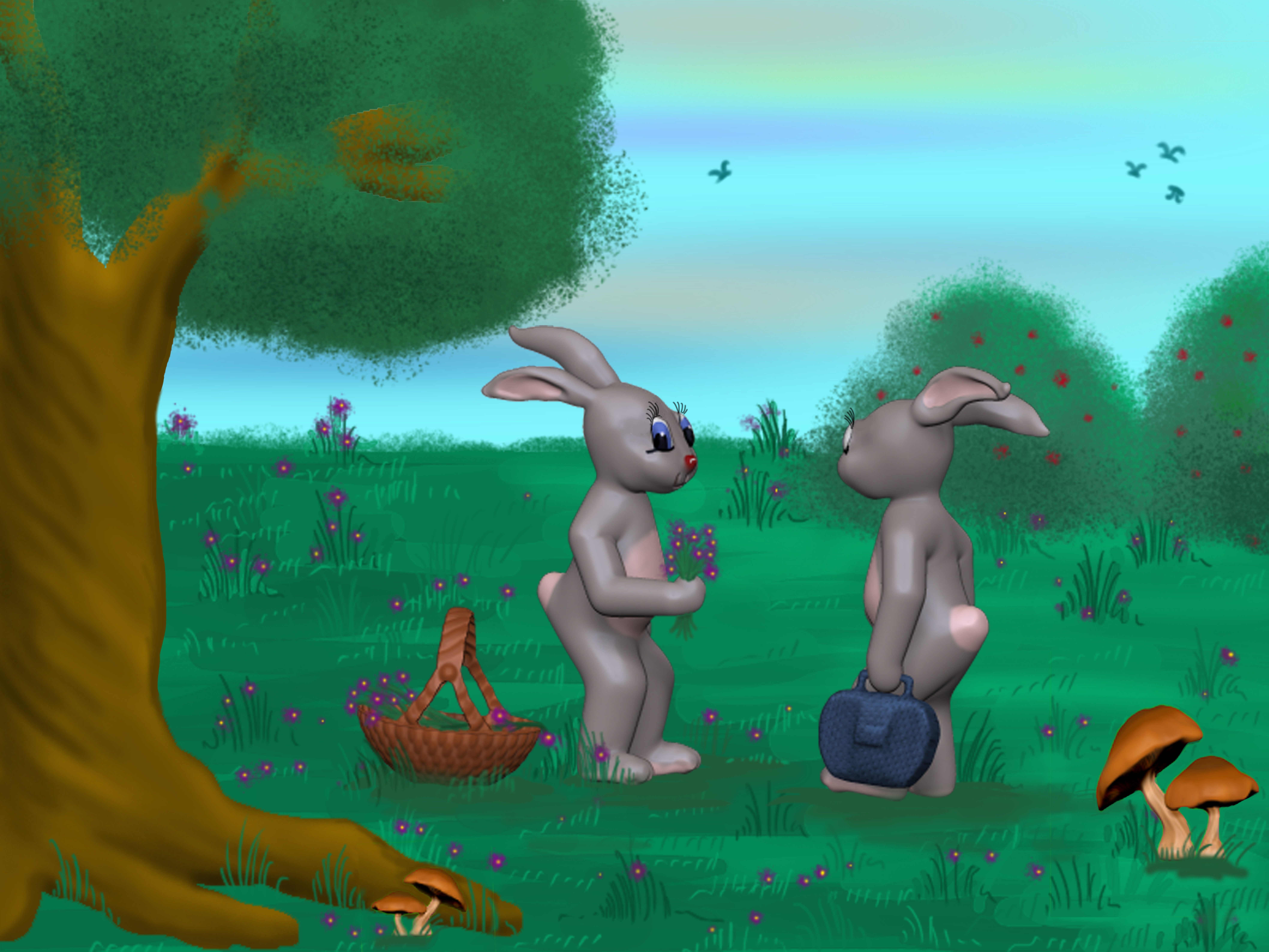 הארנבות,הסלסילה,התיק והפיטריות פוסלו בזיבראש.
הרקע צויר בפוטושופ.