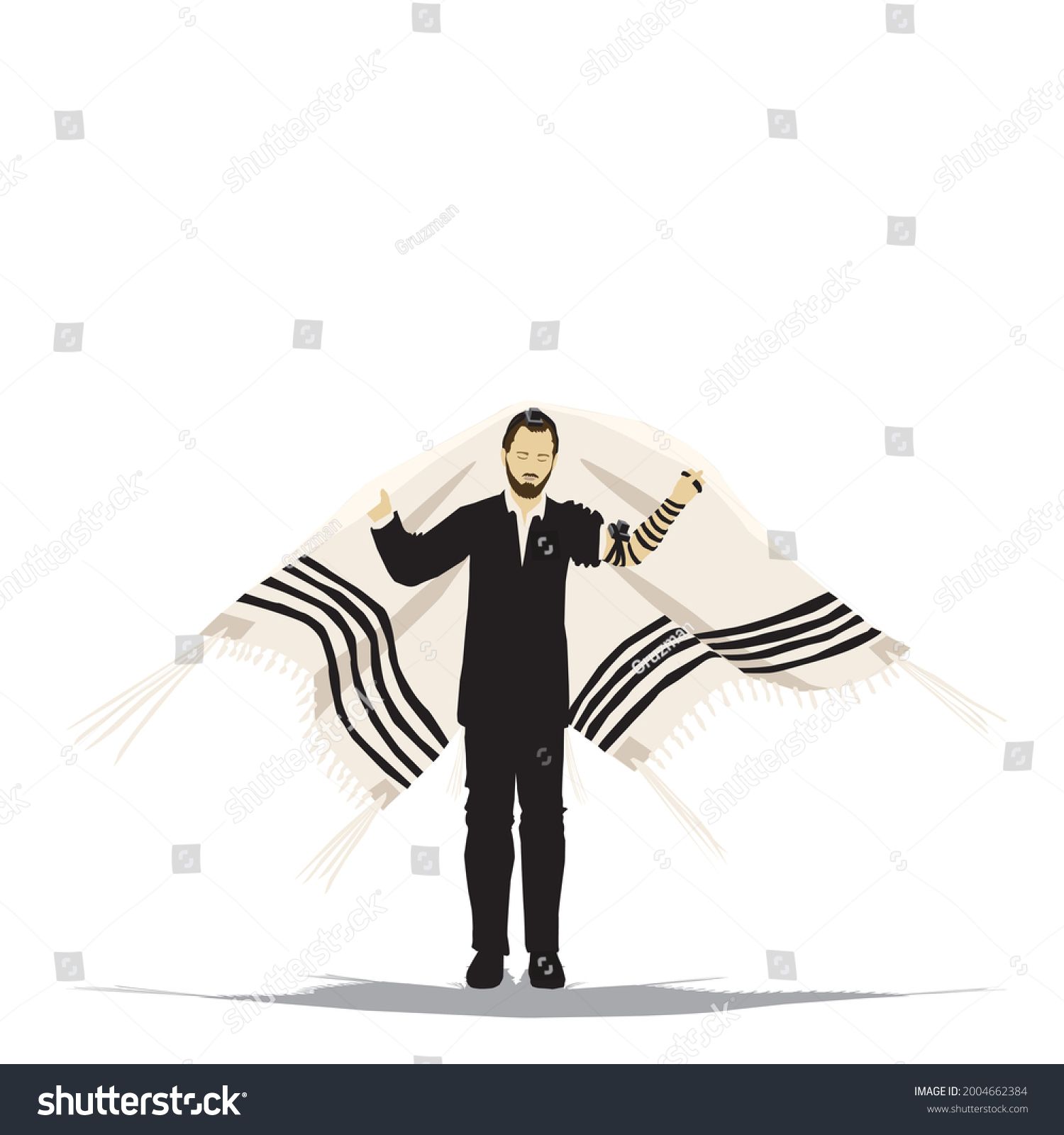 וקטורי ציור איור אברך חסיד יהודי חרדי דתי מניח תפילין מתעטף בטלית טלית גדולה קליפארט קליפ ארט ...jpg