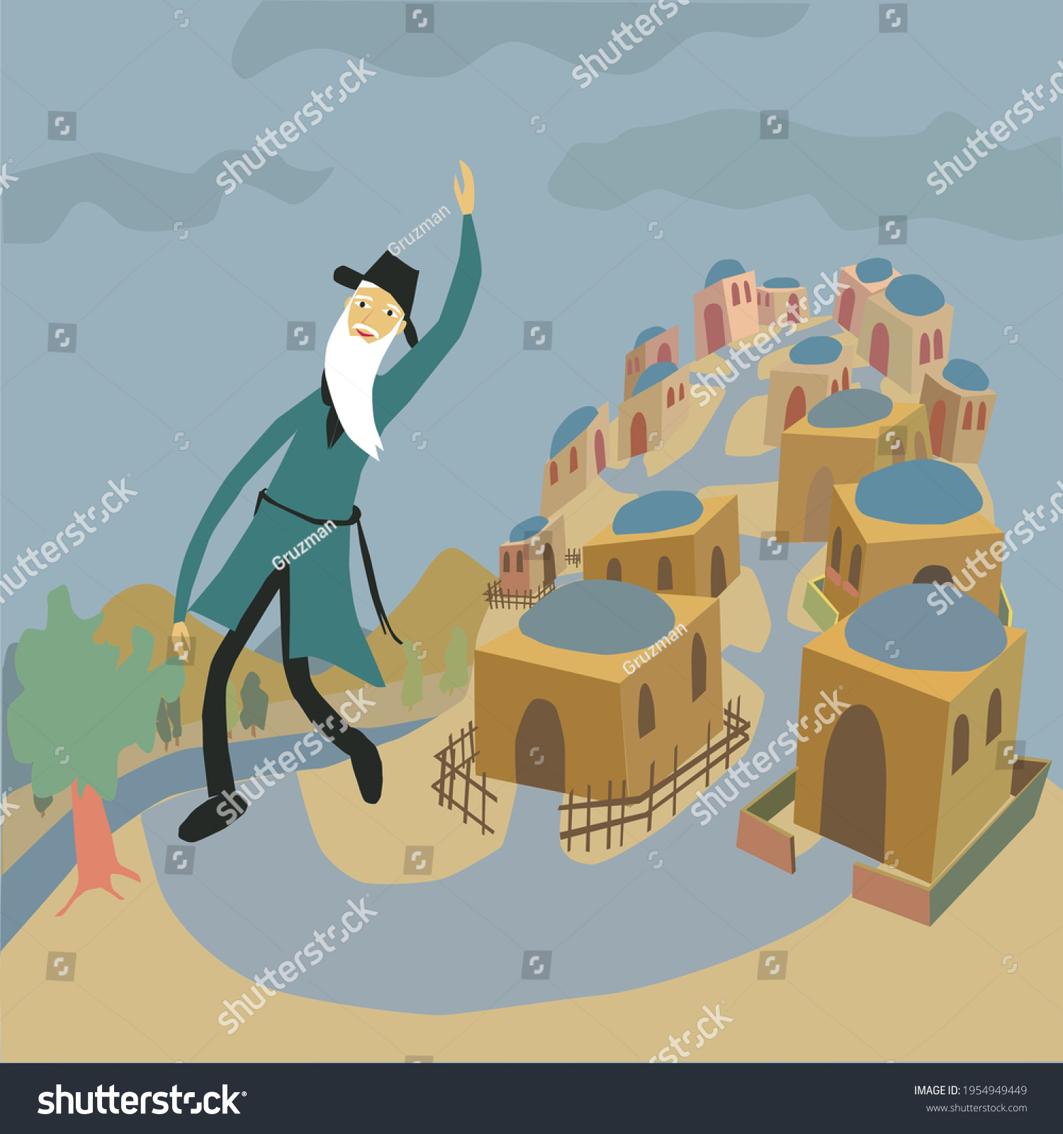 חסיד רוקד על רקע הרי ירושלים בתי עיירה יהודית חסידית עתיקה ריקוד חסידי ציור וקטורי אומנותי אמנ...jpg