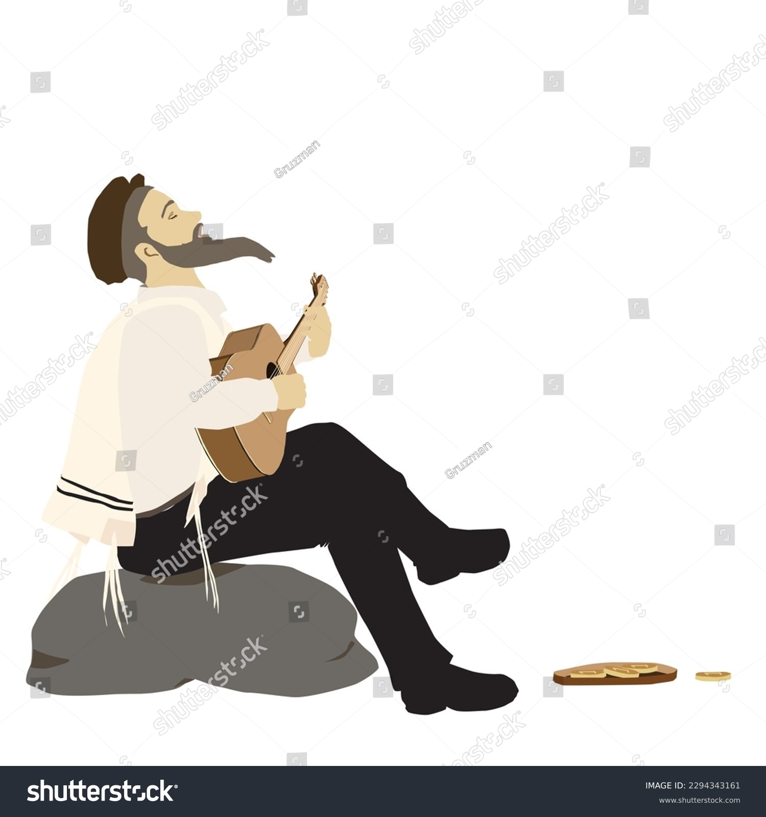 יהודי מהעיירה ציור איור קליפארט אמנות יהודית גיטרה שר געגועים ניגון קסקט וציצית כלייזמר כליזמ...jpg