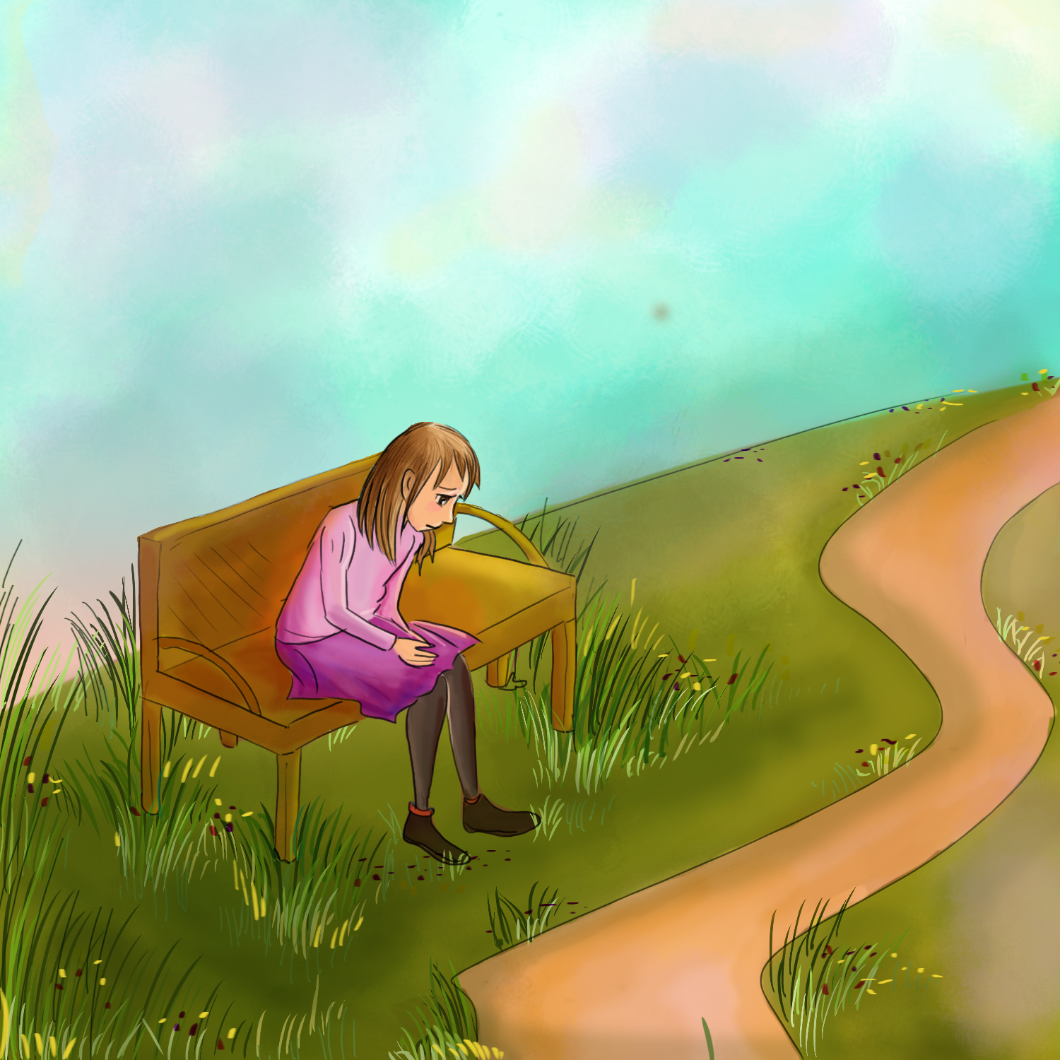 ילדה בודדה על ספסל