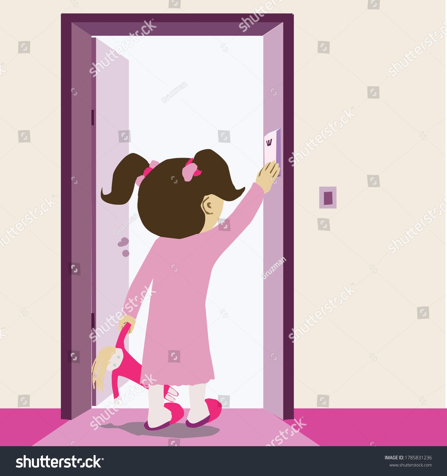 ילדה בפיג'מה צנועה מנשקת את המזוזה לפנ השינה וקטורי להורדה להדפסה בזול 1785831236.jpg