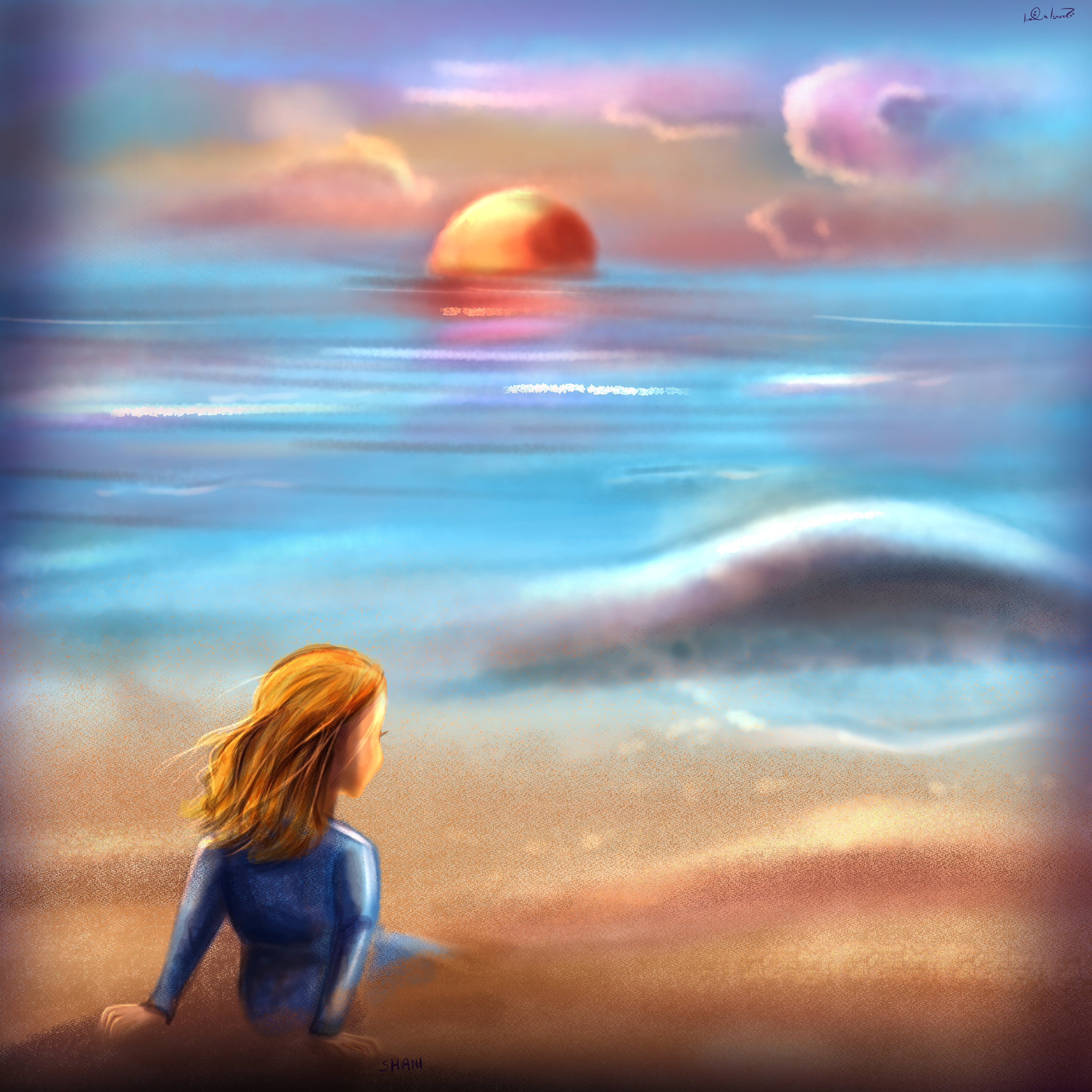 ילדה מתוקה עם שיער מתבדר ברוח בחוף הים