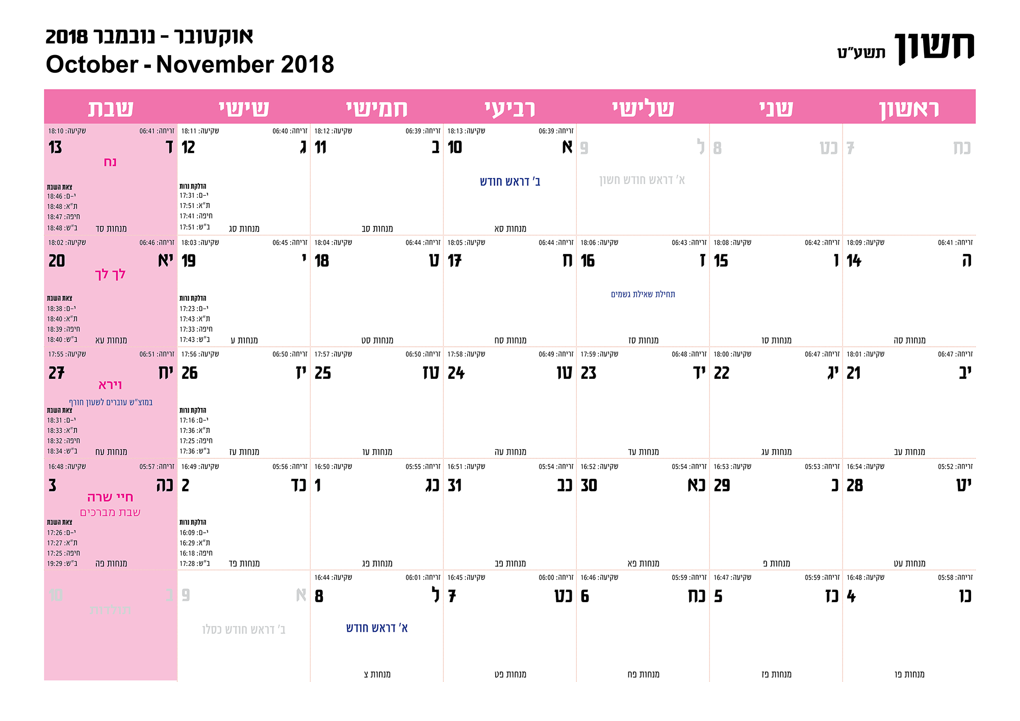 לוח שנה חודשי עברי תשעט