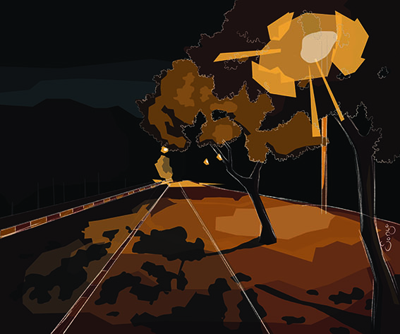 נוף מקום מגורי מאויר גרפית.
טכניקה- איור משולב בתוכנת פוטושופ.
דגש על אור וצל ודינמיקה.