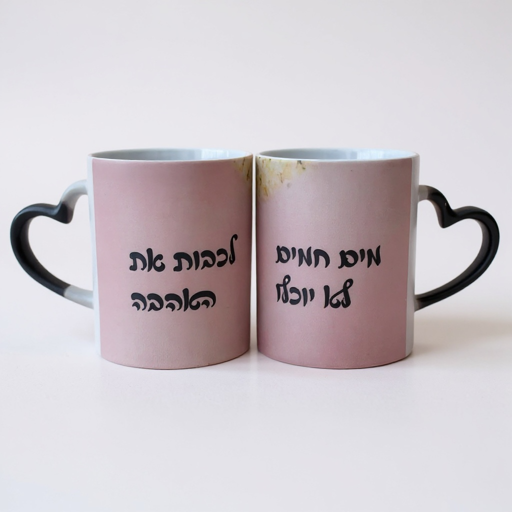 סט כוסות פלא עם ידית לב – הדפסה אישית. תמונה אחת מחולקת לשתי כוסות + טקסט בצד השני