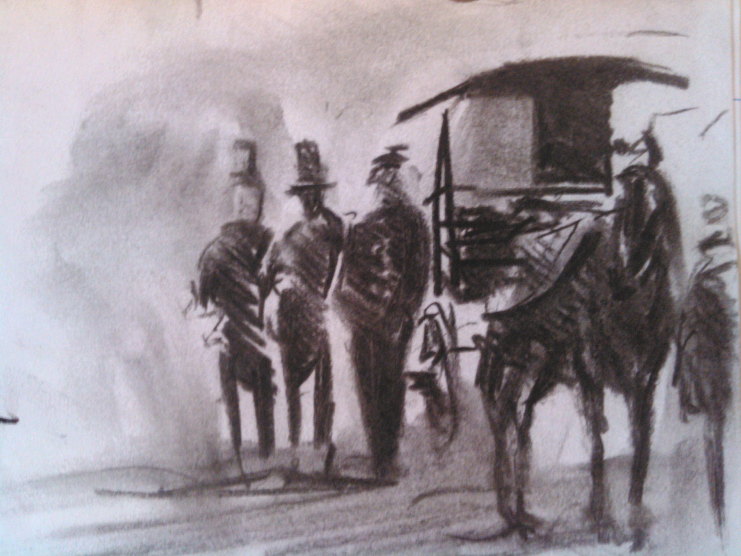 סקיצות פחם 3

זה התחיל בסדרת רישומים לצורך לימוד ציור מאפיינים של תחילת המאה הקודמת כמו סוס ועגלה פרטי לבוש וכו'..
פה הייתה (בלא מתכווין- ככה זה בה